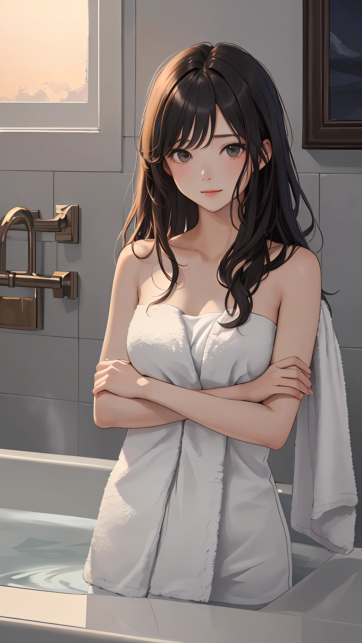 (巨作, Best Quality:1.4), 1girll, view the viewer, 
(Wavy hair:0.8), Long hair, 
(on fram), on bath, naked towel, Heavy fog, steams,
{Upper body|Cowboy shot},
{night|Morning|dawn}, 
{Indoors|Outdoors}, 
{Sitting|standing|Ground},