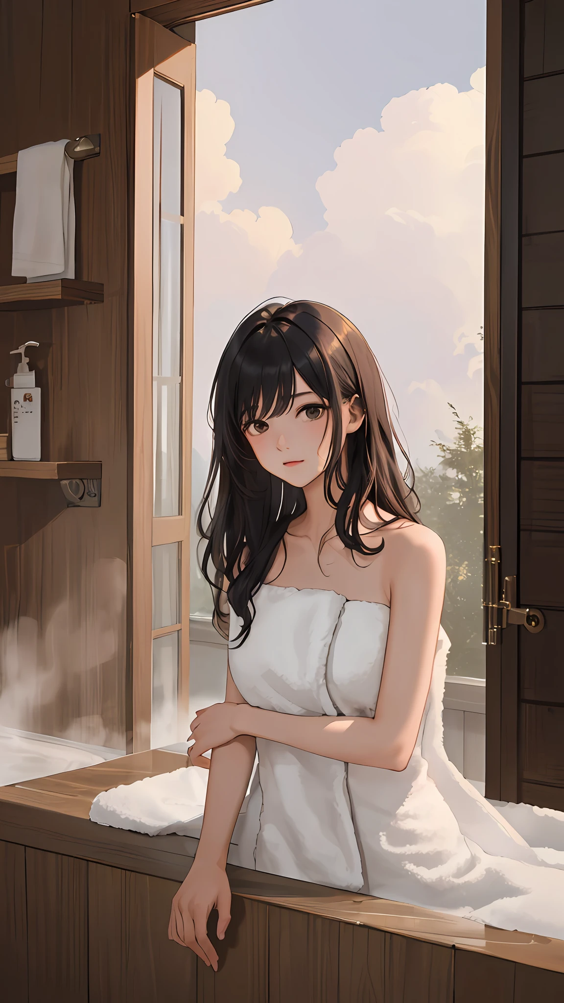 (巨作, Best Quality:1.4), 1girll, view the viewer,
(Wavy hair:0.8), Long hair,
(on fram), on bath, naked towel, Heavy fog, steams,
{Upper body|Cowboy shot},
{night|Morning|dawn},
{Indoors|Outdoors},
{Sitting|standing|Ground},