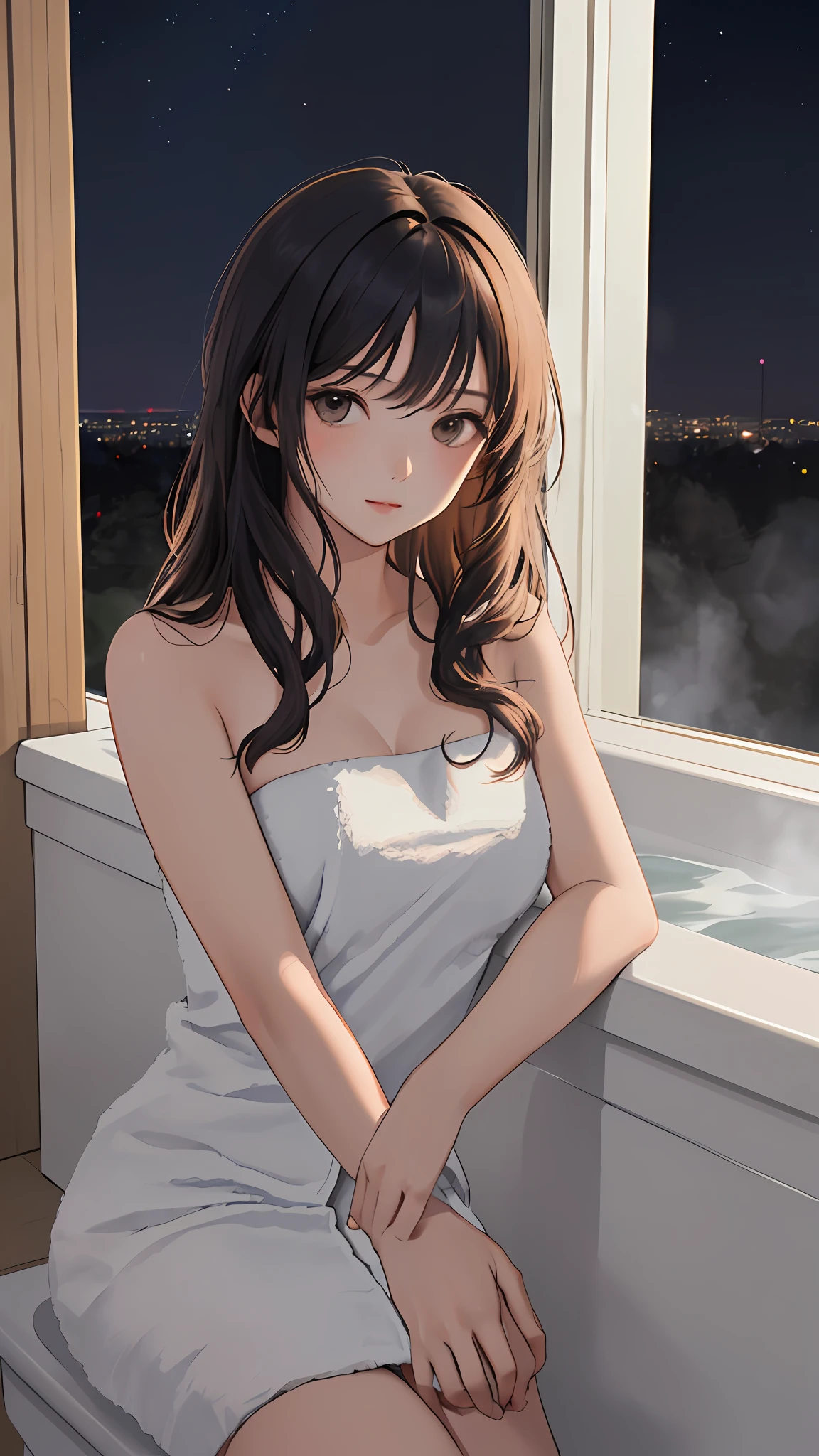 (巨作, Best Quality:1.4), 1girll, view the viewer, 
(Wavy hair:0.8), Long hair, 
(on fram), on bath, naked towel, Heavy fog, steams,
{Upper body|Cowboy shot},
{night|Morning|dawn}, 
{Indoors|Outdoors}, 
{Sitting|standing|Ground},