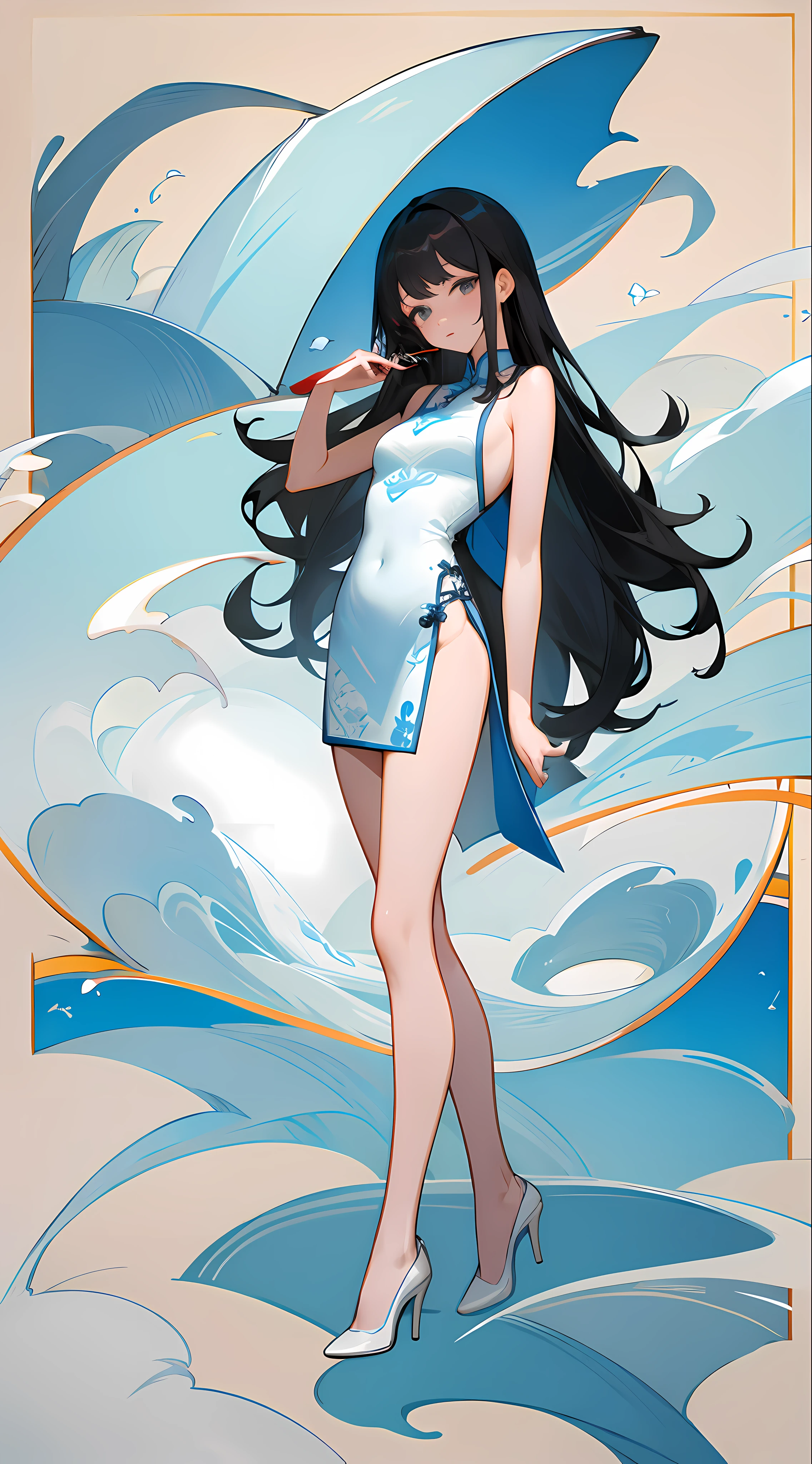 Long black hair, blue and white porcelain, cheongsam, half naked