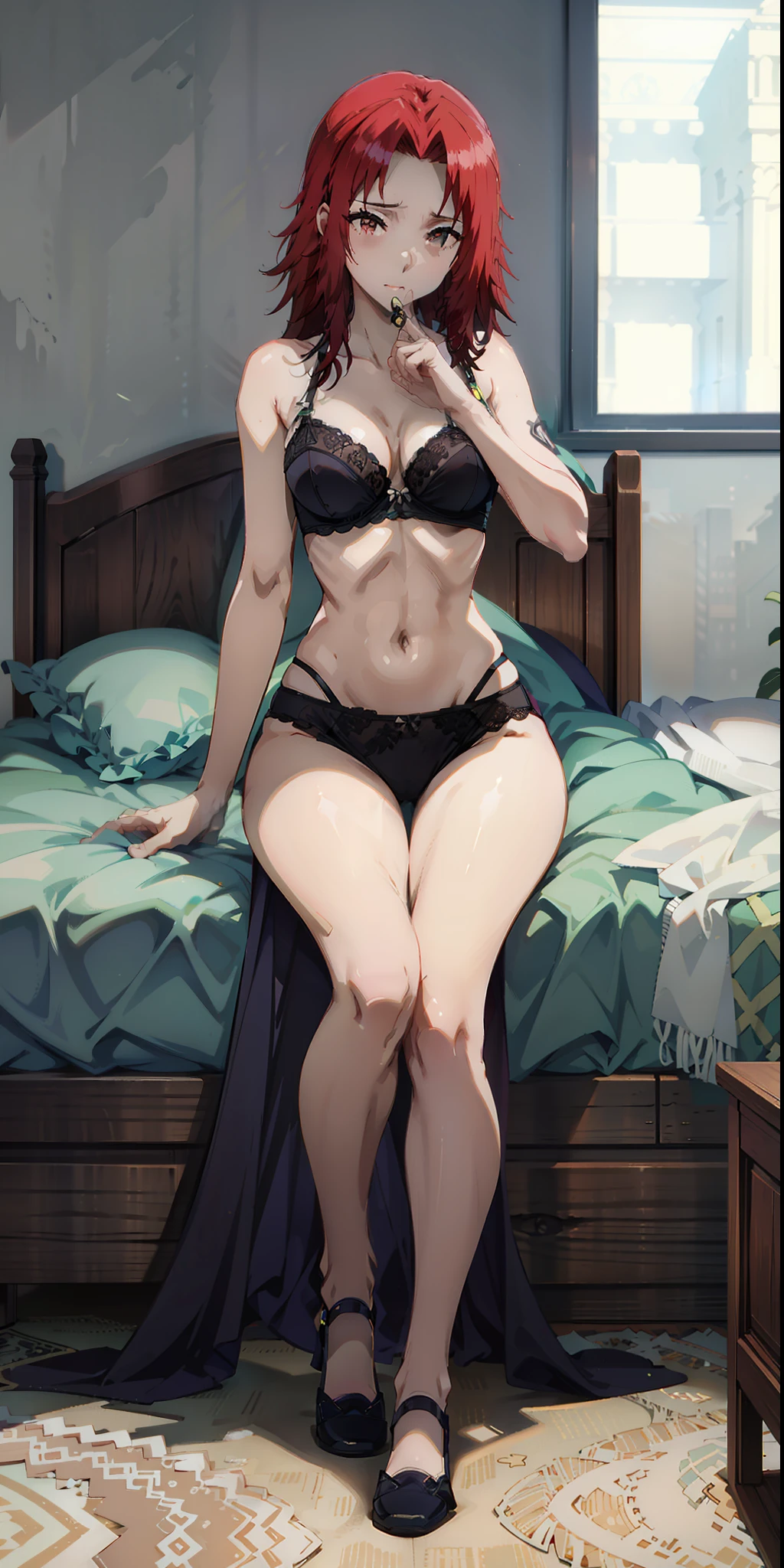 obra-prima, melhor qualidade, IrisMidgar, 1girl, solo, cabelo longo, olhos vermelhos, cabelo vermelho, lingerie, boa anatomia, corpo inteiro, deitada numa cama