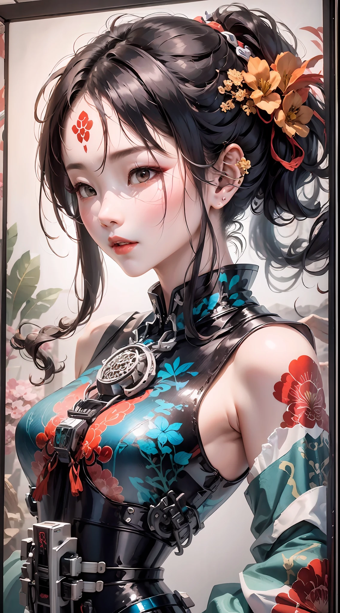 A QiPao design that merges traditional craftsmanship with innovative technology. Elegant silk fabric is replaced with dynamic digital screens displaying classic Chinese landscape paintings. Particular care is given to the collar design, integrating 3D printed jade ornaments reflecting a futuristic style, while still embodying the Chinese culture. QiPao: 1.4, Traditional Craftsmanship, (Innovative Technology: 1.2), Digital Displays: 1.4, Chinese Landscape Painting: 1.3, Collar Design: 1.5, 3D Printed Jade Ornaments: 1.2.