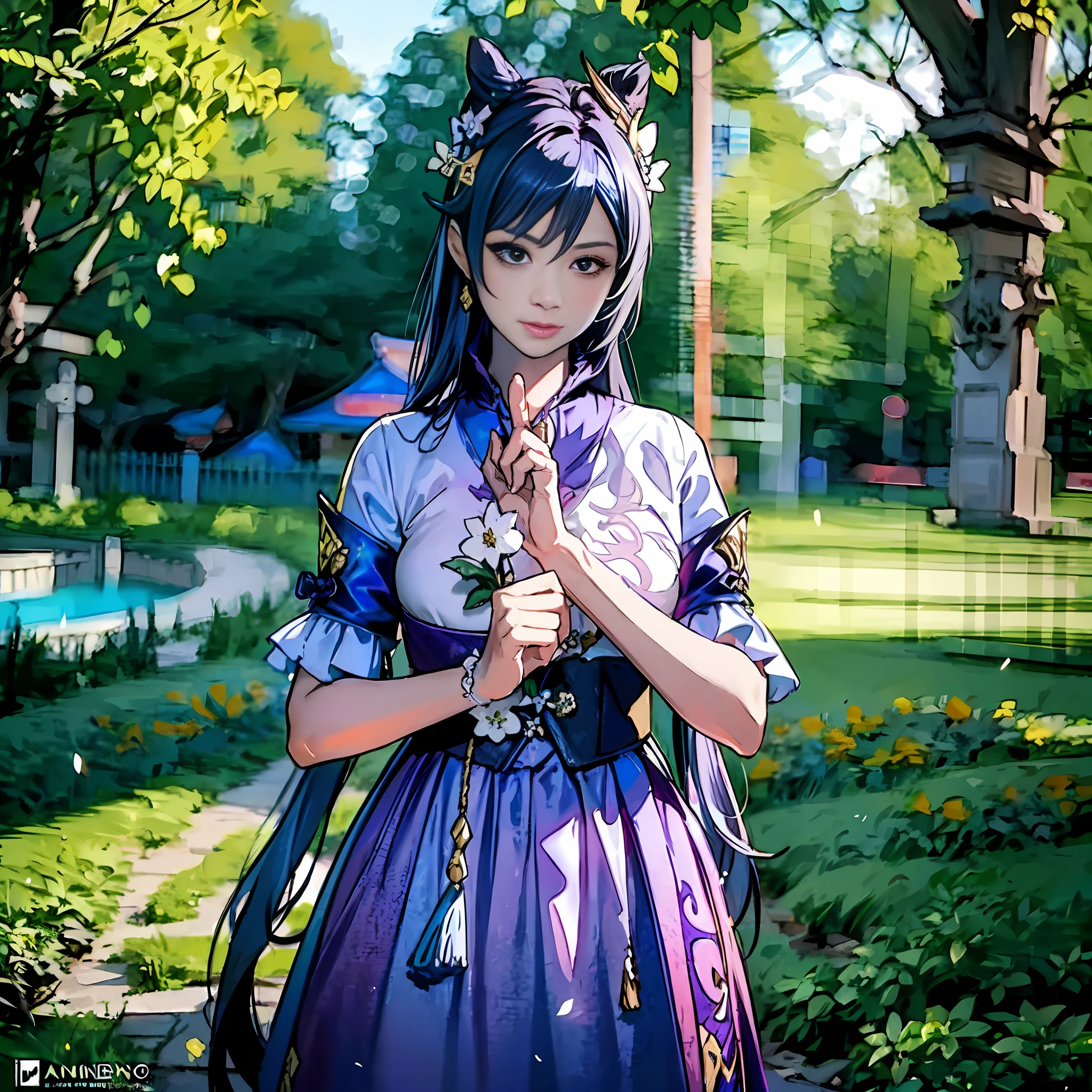 anime girl in purple dress holding a flower in a park, keqing from genshin impact, beautiful anime style, cute anime waifu in a nice dress, alice x. zhang, ((a beautiful fantasy empress)), palace , a girl in hanfu, anime in fantasy style, very beautiful anime girl, full body xianxia, right hand as on picture by Antonio Manzanedo