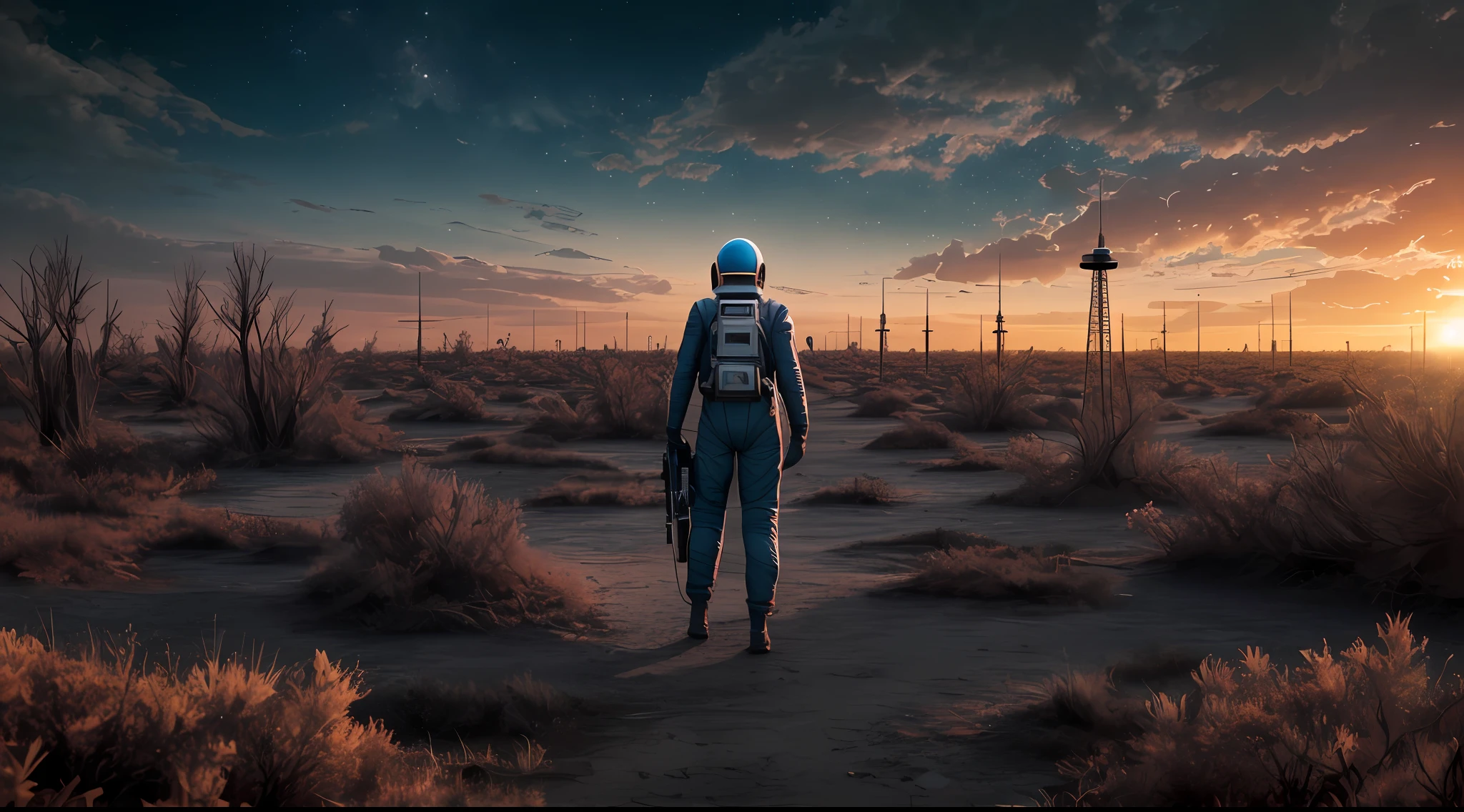kit bashing, alien landscape, swampland, solitary female astronaut, radio dish antenna, Electric Purple, utility belt, Metallic Gray Zinc, sci-fi, masterpiece, 16k, UHD, HDR, the best quality, body-tight suit, intricate, the most fantastic details, cinematic composition, dramatic lighting, full body, celestial bodies in the sky, dead trees, dry bushes, realistic reflections, sunset, a military compound, to scale, lonely, sad, dynamic posture, ruffles, quillings, embroidery --auto