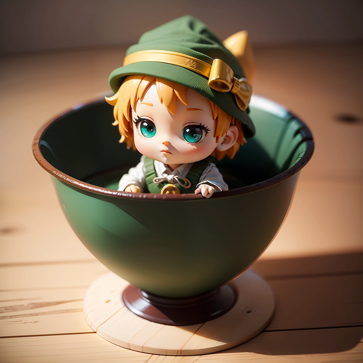 (a small doll with a green triangular hat), (sitting inside a large bowl), cute 3 d render, cute detailed digital art, cute digital art, cute cartoon character, adorable digital painting, cute! c4d, cute character, pop japonisme 3D, (white background), ultra detailed, by Yu Zhiding, 3d model of a japanese mascot, nendoroid 3d, cute forest creature --auto