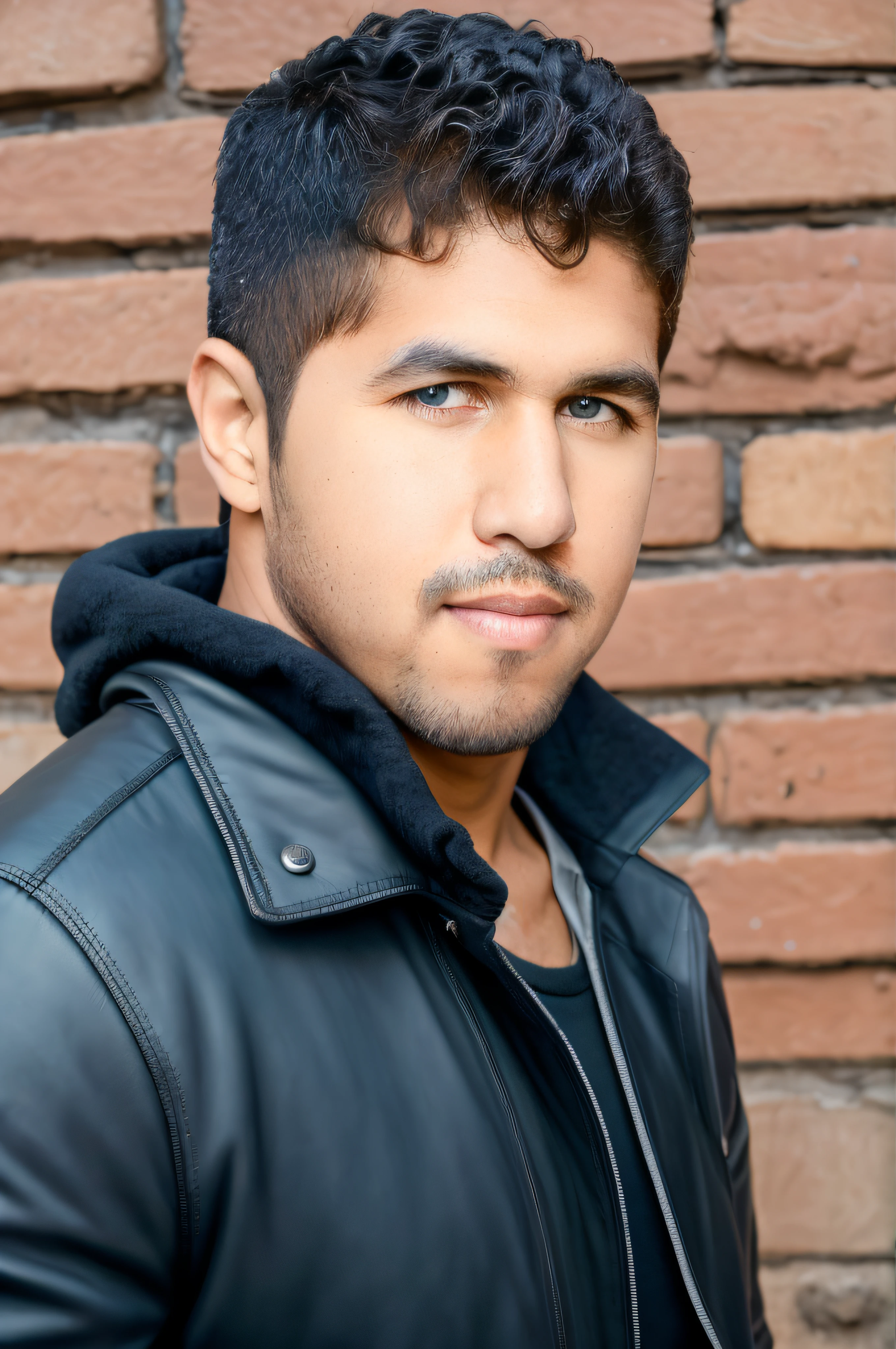 Foto RAW, (retrato: 1.2), (piel muy detallada: 1.2), 8k uhd, dslr, soft illuminaotion, alta calidad, movie grain, Fujifilm XT3 , no cambiar el rostro , mismo rostro , la misma cara , HD , la misma cara de la foto original , ojos grises  , texturas de cuero en la chaqueta HD , botones circulares , no cambiar cara , misma cara en super HD , Hiper realista , super realista , real , muy detallado , arete , pirsin
