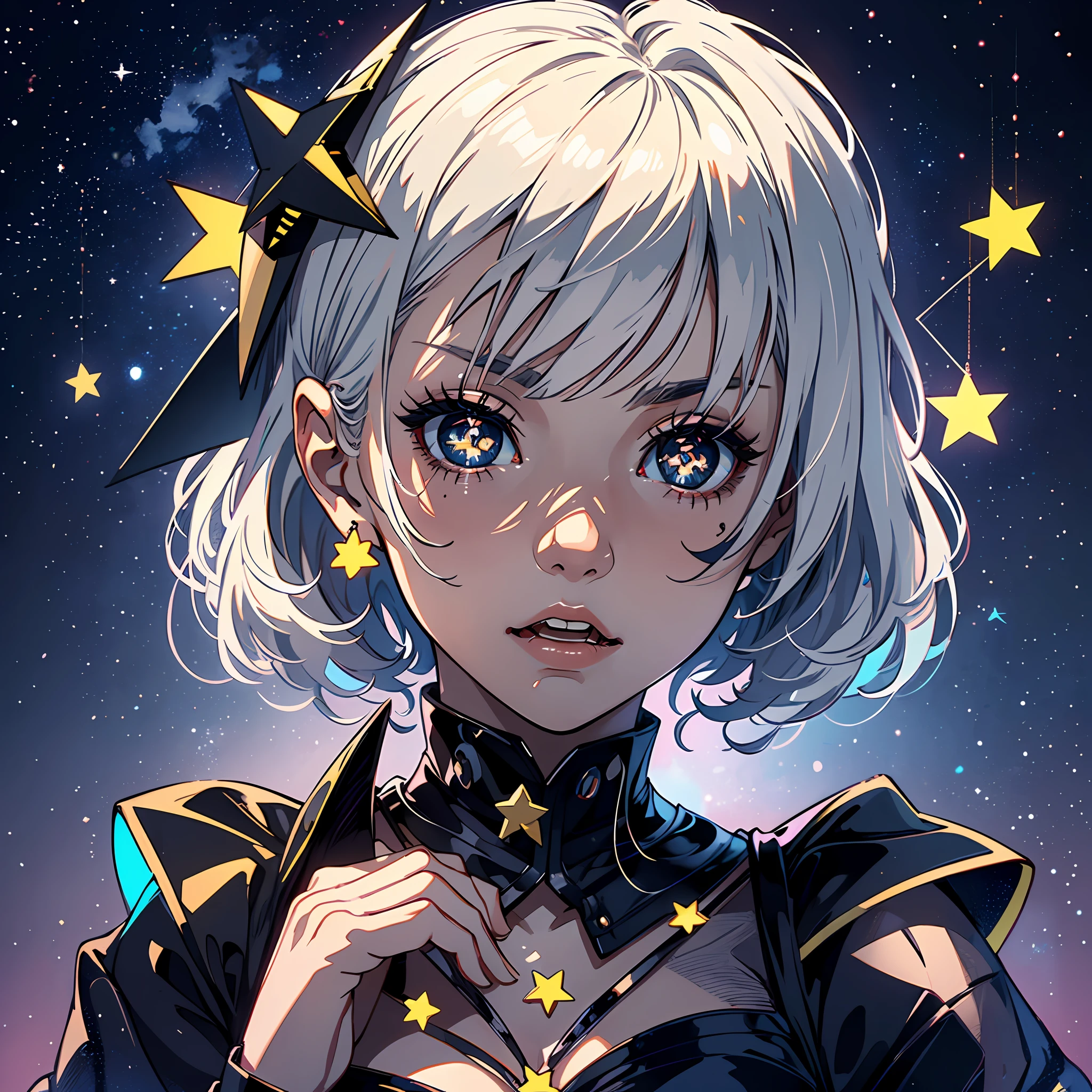 A cute girl with short white hair with bangs, ((star-shaped pupils:1.4)), pupils in symbol shapes, pupils with symbols, extremely sinister gothic backdrop, as in a Paramount Studios horror movie--Niji:5 --s2