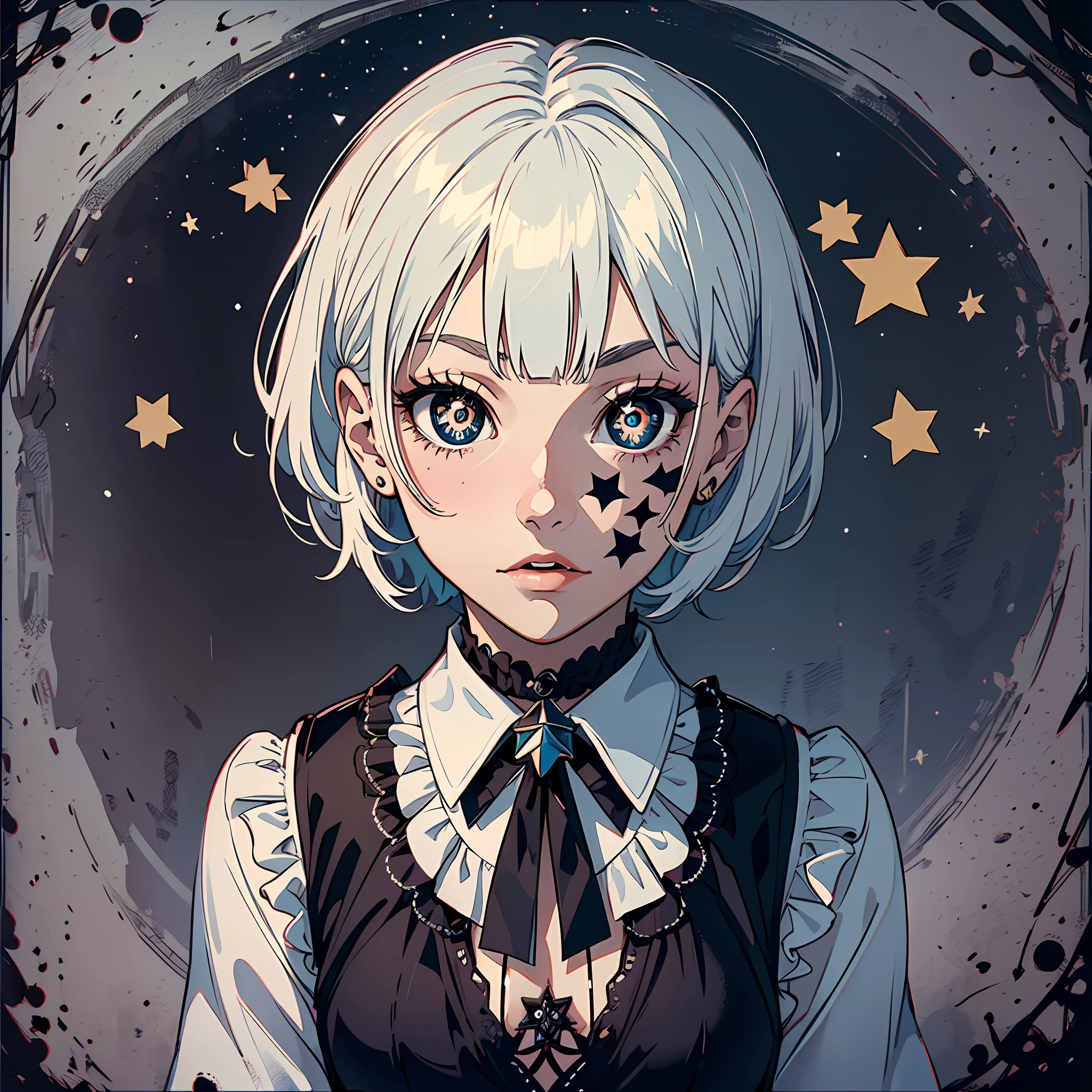 A cute girl with short white hair with bangs, ((star-shaped pupils:1.4)), pupils in symbol shapes, pupils with symbols, extremely sinister gothic backdrop, as in a Paramount Studios horror movie--Niji:5 --s2