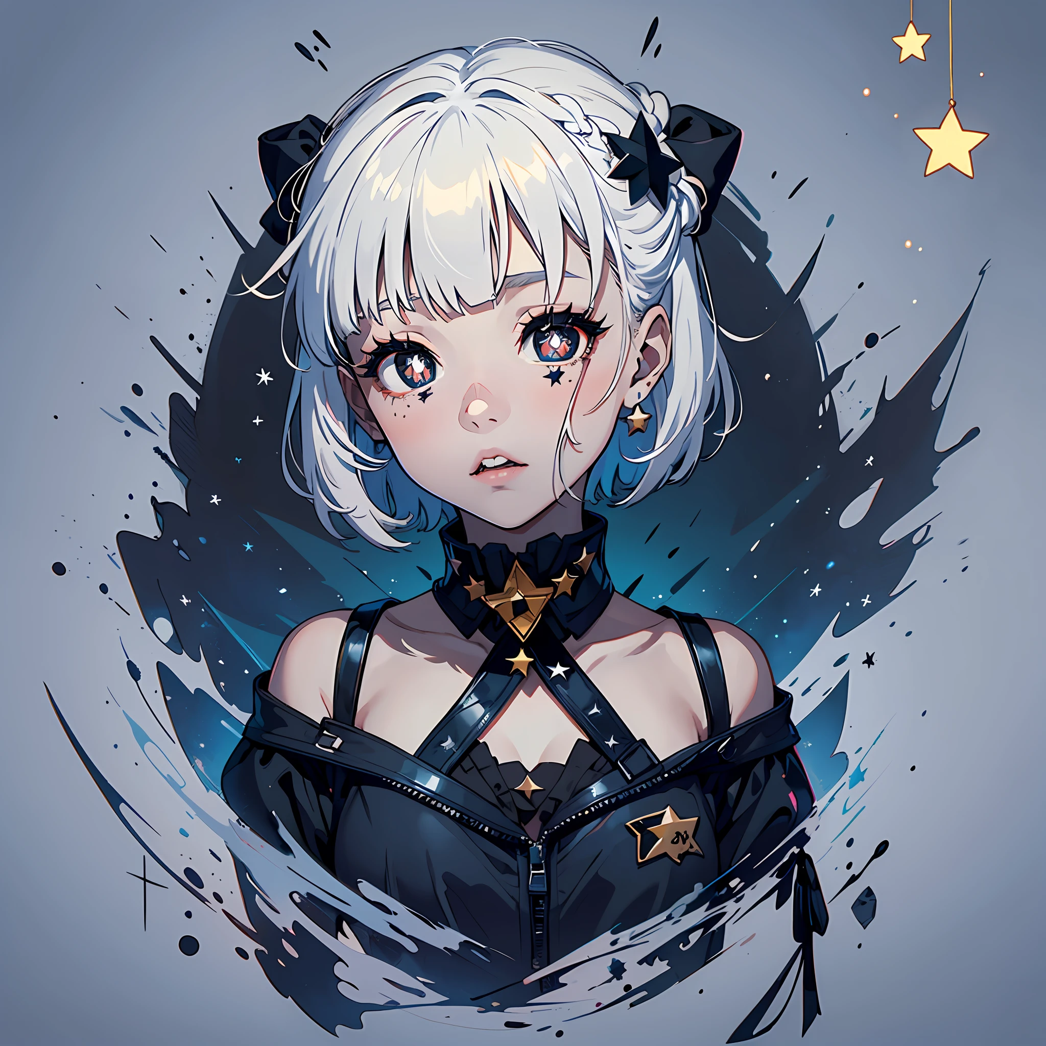 A cute girl with short white hair with bangs, ((star-shaped pupils:1.4)), pupils in symbol shapes, pupils with symbols, extremely sinister gothic backdrop, as in a Paramount Studios horror movie--Niji:5 --s2