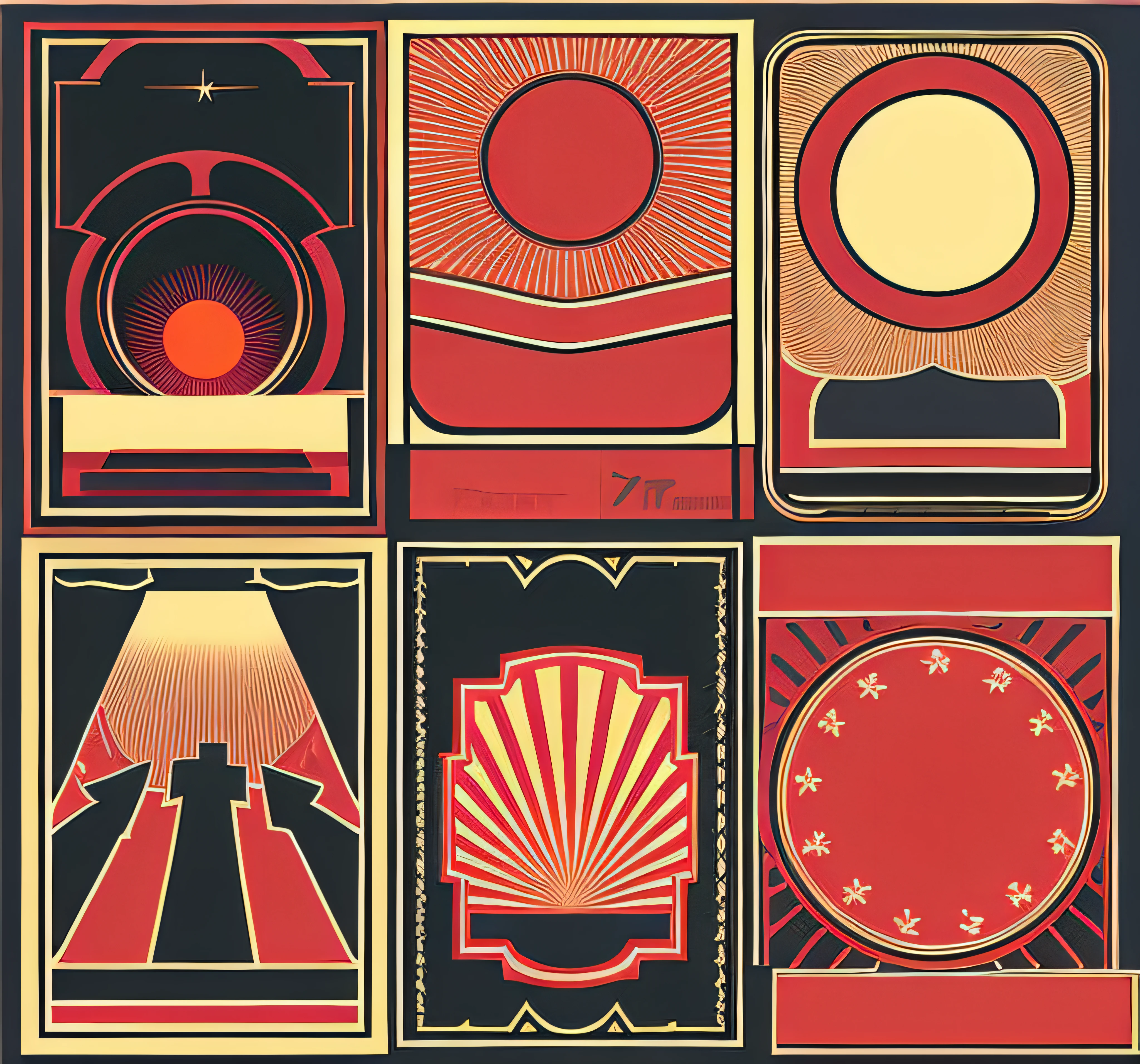 a set of four different vintage posters with sun and stars, art deco motifs, vintage art deco, art deco shapes, 8 0 s art deco, vintage poster style, inspired art deco, 7 0 s art deco, art deco sci fi, art deco patterns, art deco design, art deco poster, poster vintage, style of shepherd fairey, art deco background --auto