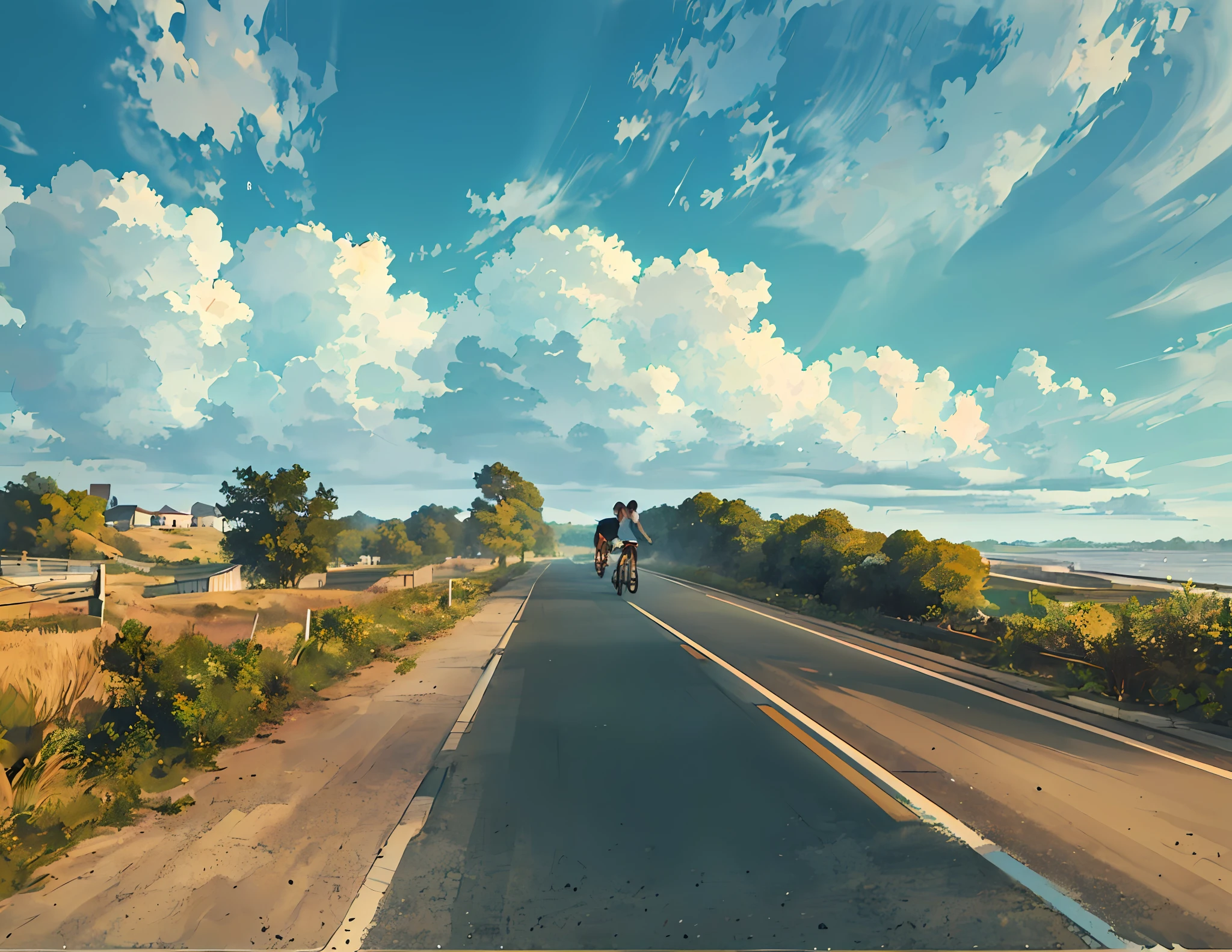 There's a man pedaling a bike in the middle of the road, Andar na estrada, Estrada para o Mar, em uma estrada, uma estrada que leva ao farol, vista para milhas, unobstructed road, estrada montanhosa, Estradas pavimentadas, From a distance, Karla Ortiz, Estradas largas, clear skies in the distance, touring, imagem profunda, Arremesso longo, ciclismo, turismo, 🚲