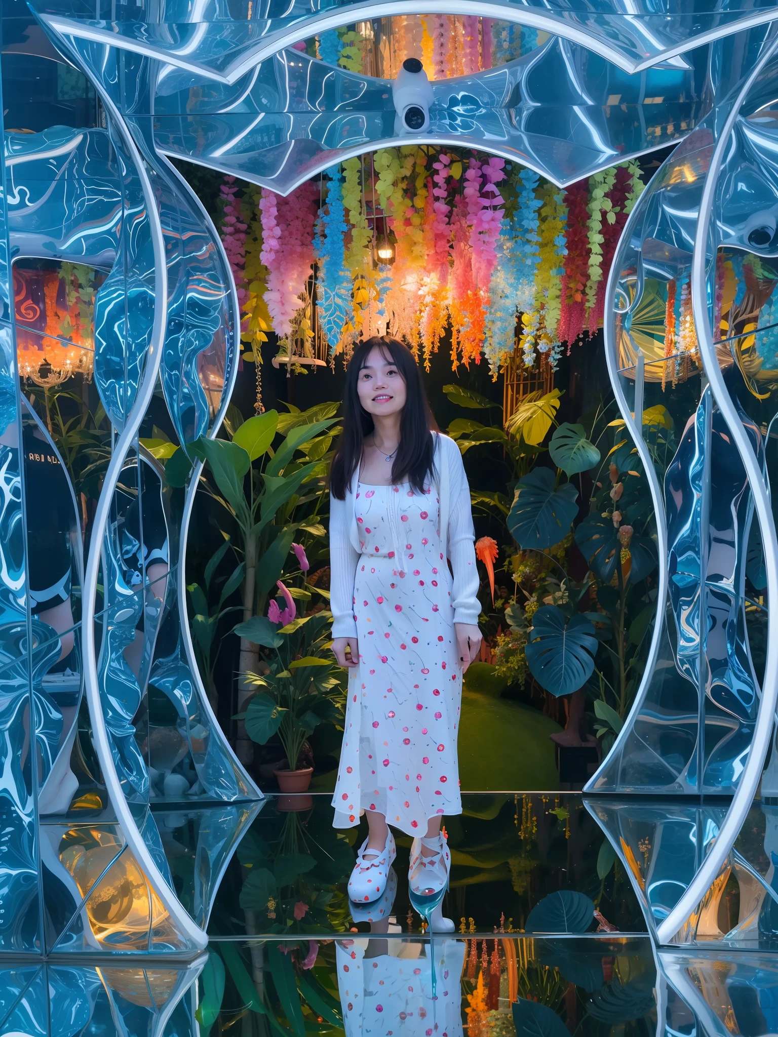 arafed woman standing in a glass room with a mirror, in a beautiful crystal caverine, standing in a grotto, in a candy forest! At night, standing in a botanical garden, lady with glowing flowers dress, full body photogenic shot, reflected in giant mirror, magic crystal bridge colorfully, in a cyberpunk garden, inspired by Yayou Kusama, teamlab