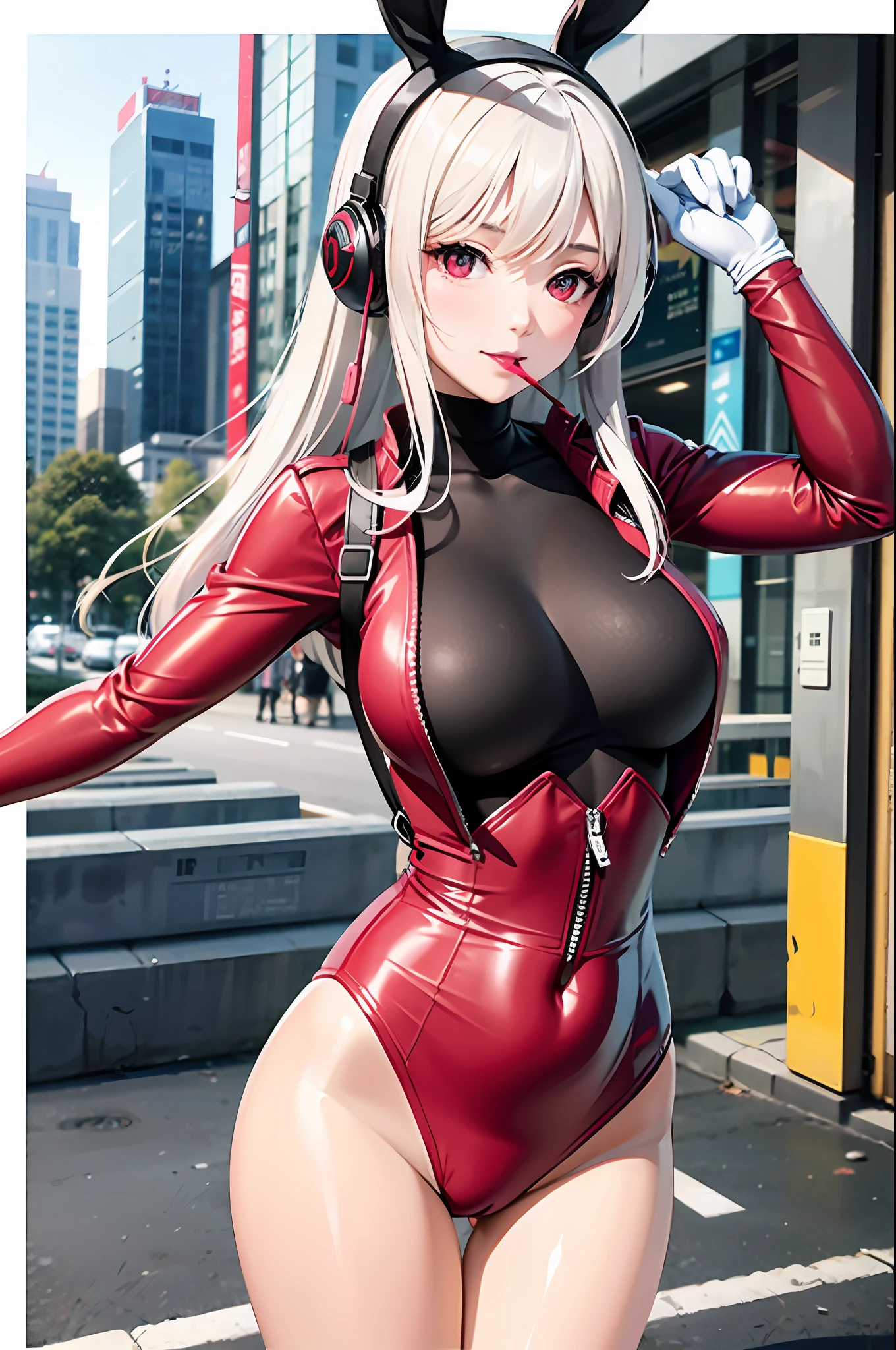 对称，High detail RAW color photo professional close photograph，[:(Highly detailed faces：1.2):0.1]，(PureErosFace_V1:0.6)，pores，Real human skin，18 year old female street view detail Tokyo streets，exteriors,city scenery,hugetits,show,Ear headphones,Animal ears,V-shape,By bangs,Blushlush,Tights,boobgasm,rabbit pose,Clothes to write,Cover the navel,Cowboy photos,Seven-point jacket,Fake animal ears,mitts,Hair ingestion, Earphone, Impossible jumpsuit, Impossible clothes, jaket, hugetits, latex, latex body suit, rnlong hair, Long sleeved, looking at viewert, middlebreast, Multicolored gloves, with her mouth open, pink leotard, a pink eyes, Red eyes, Red coat,shinning clothes，Shrug\（The clothes ar\），side locks，the complex background，Skin Firm，ssmile，Solo，thigh gap，Large Thigh，dual horsetail，Very long hair，whitegloves，White hair，Alice \（Nikke\），（tmasterpiece：1.4 ),(best qualtiy:1.4),(shiny skins),realisticlying,huge belly