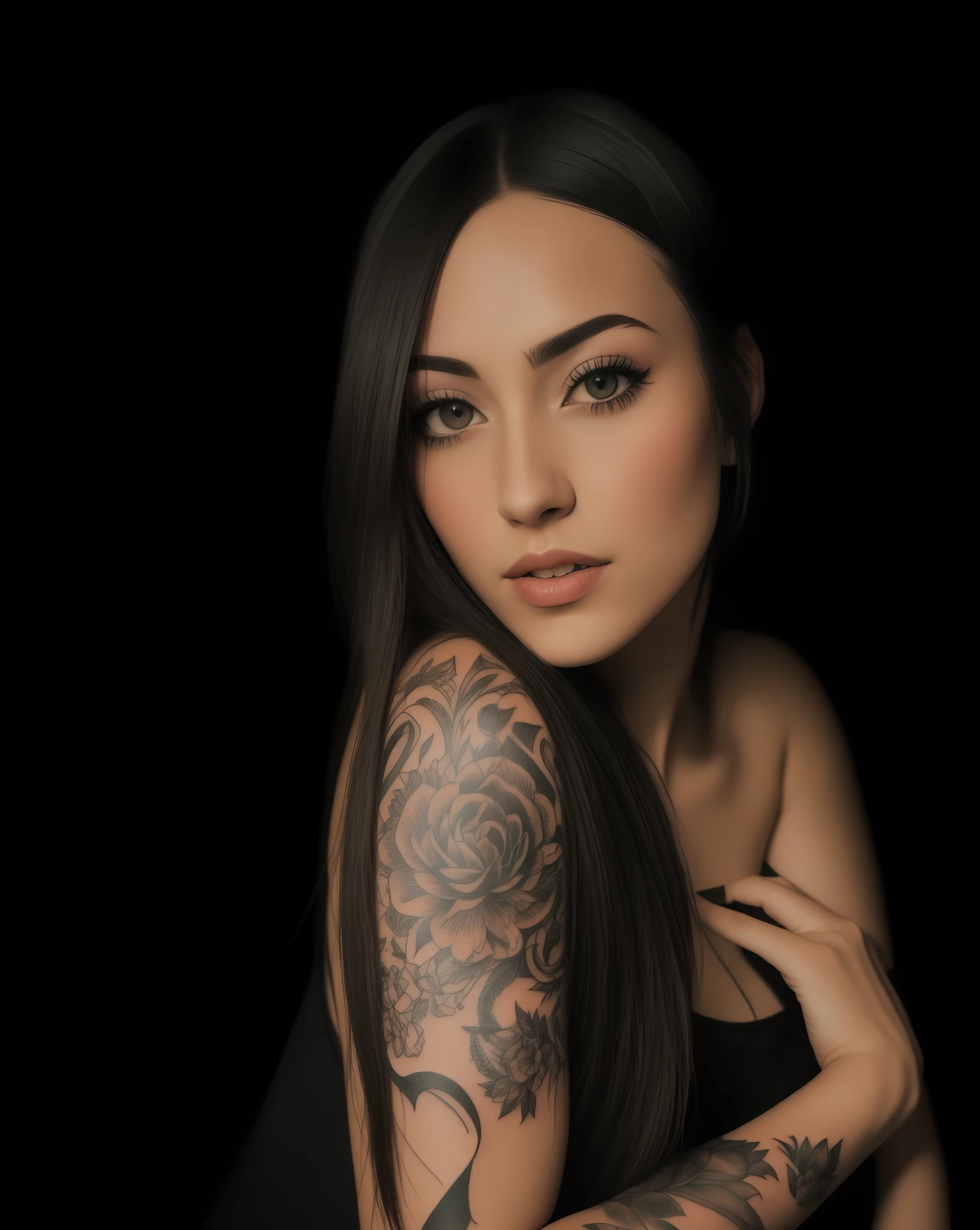 arafed woman with a tattoo on her arm and shoulder, inked, with tattoos, tattooed, taken in 2 0 2 0, profile image, headshot profile picture, ayahausca, shot at dark with studio lights, mid shot portrait, full face and body portrait, 2 4 year old female model, violet myers, high quality portrait photoshoot