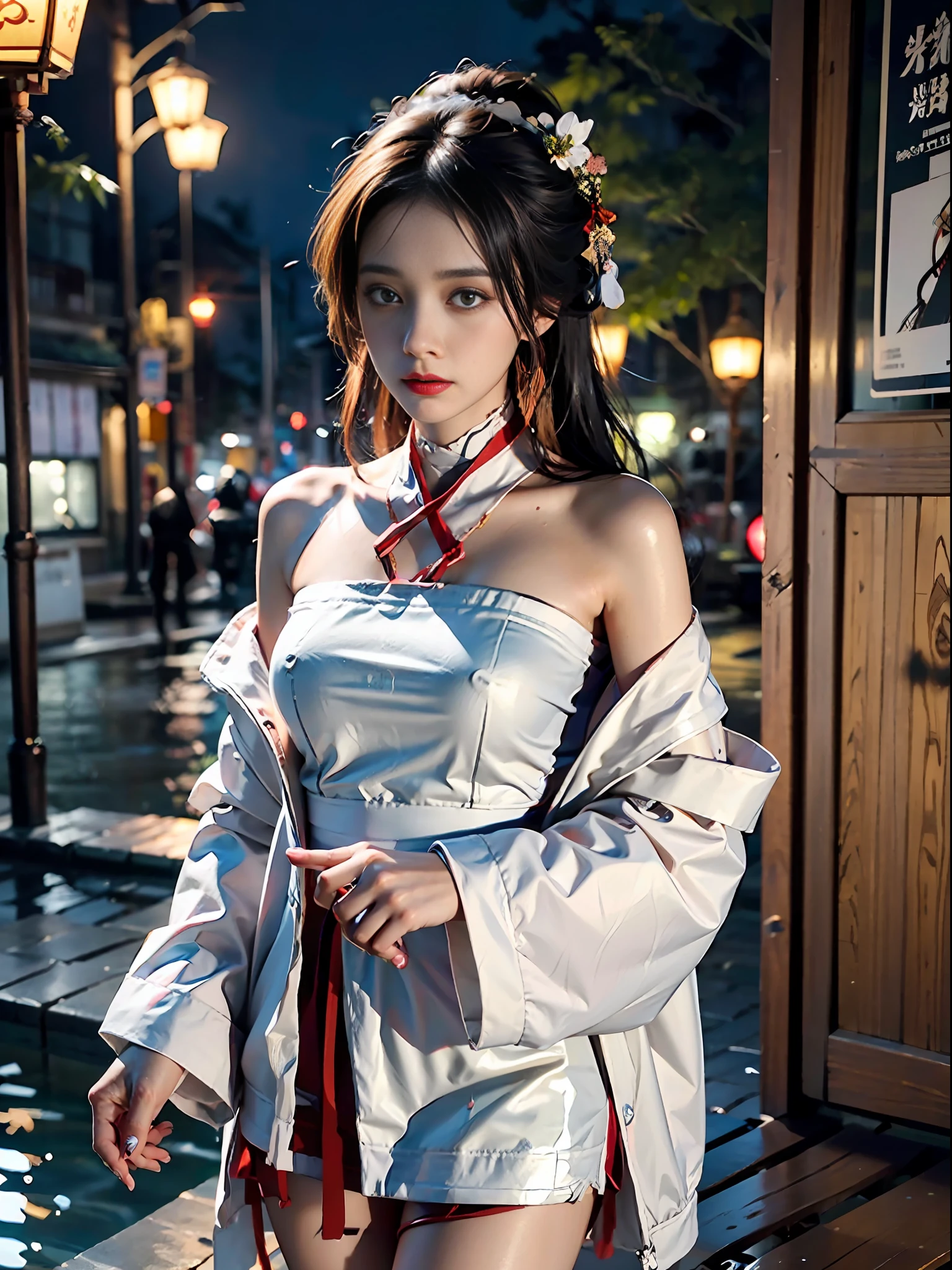 best quality, masterpiece, ultra resolution, (fidelity:1.4), Photos, It's raining, clothes drenched, 1 girl, [(sad)], long white hair, fringed hair ornaments, peony flower hair ornaments, real rain, wet hair, white hanfu, half-off shirt, bare shoulders, bandage bandeau, dim, dark, despair, pity, pity, poor, movie, tears, teardrops, (torn clothes: 1.5), (Wet Clothes: 1.4), Exposed Thighs, Seduction, Sexy, Heavy Rain, Surrealistic Female Portraits by David Hockney and Alphonse Mucha, Fantasy Art, Photo Realism, Dynamic Lighting, Art Station, Poster, Volumetric Lighting, Very Detailed Faces, 4K Wallpaper, Award-Standing, Dynamic Perspective, Ancient Chinese Streets, Early Morning, Rain, Lanterns,