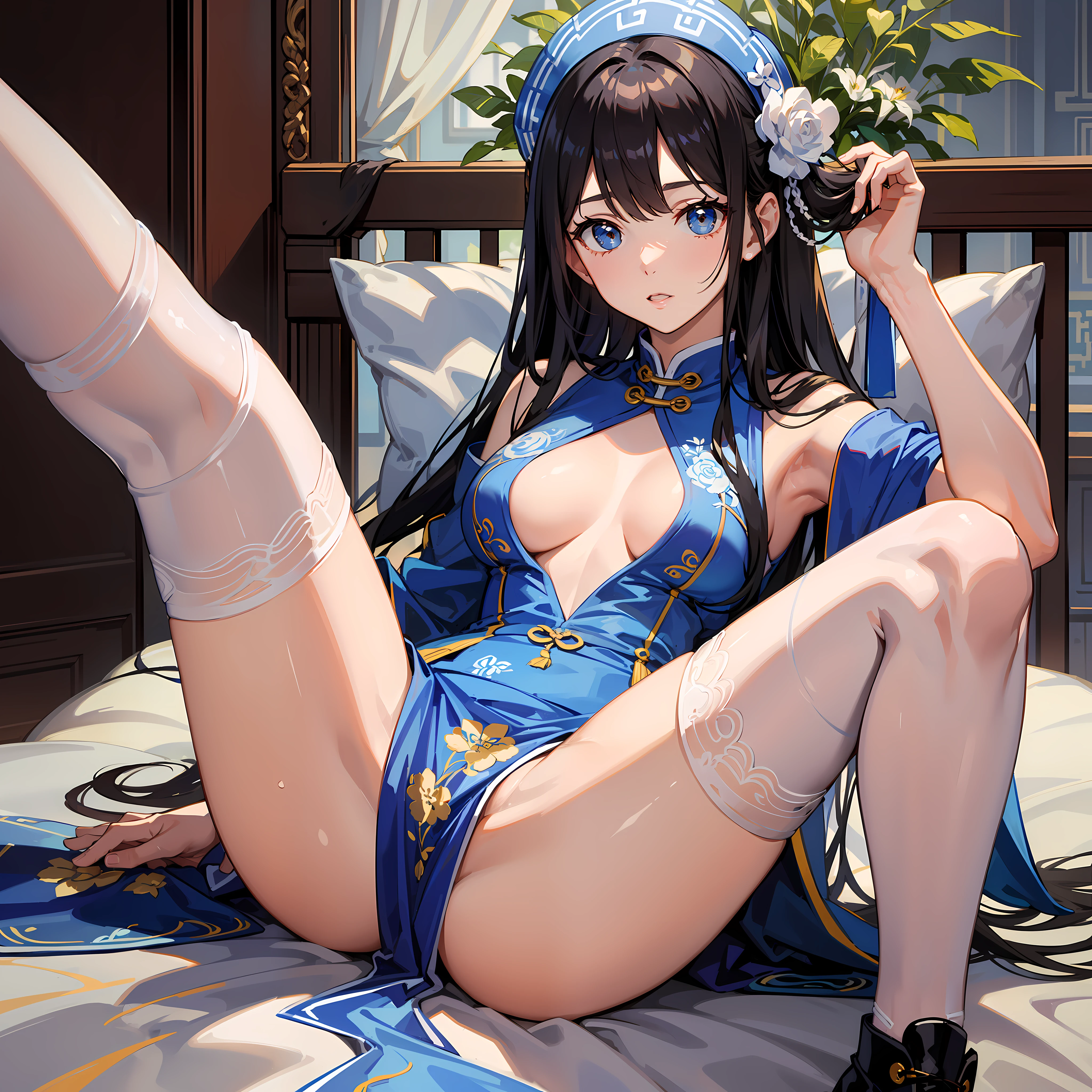 Long black hair, Blue and white porcelain, on cheongsam, Half naked,spread their legs