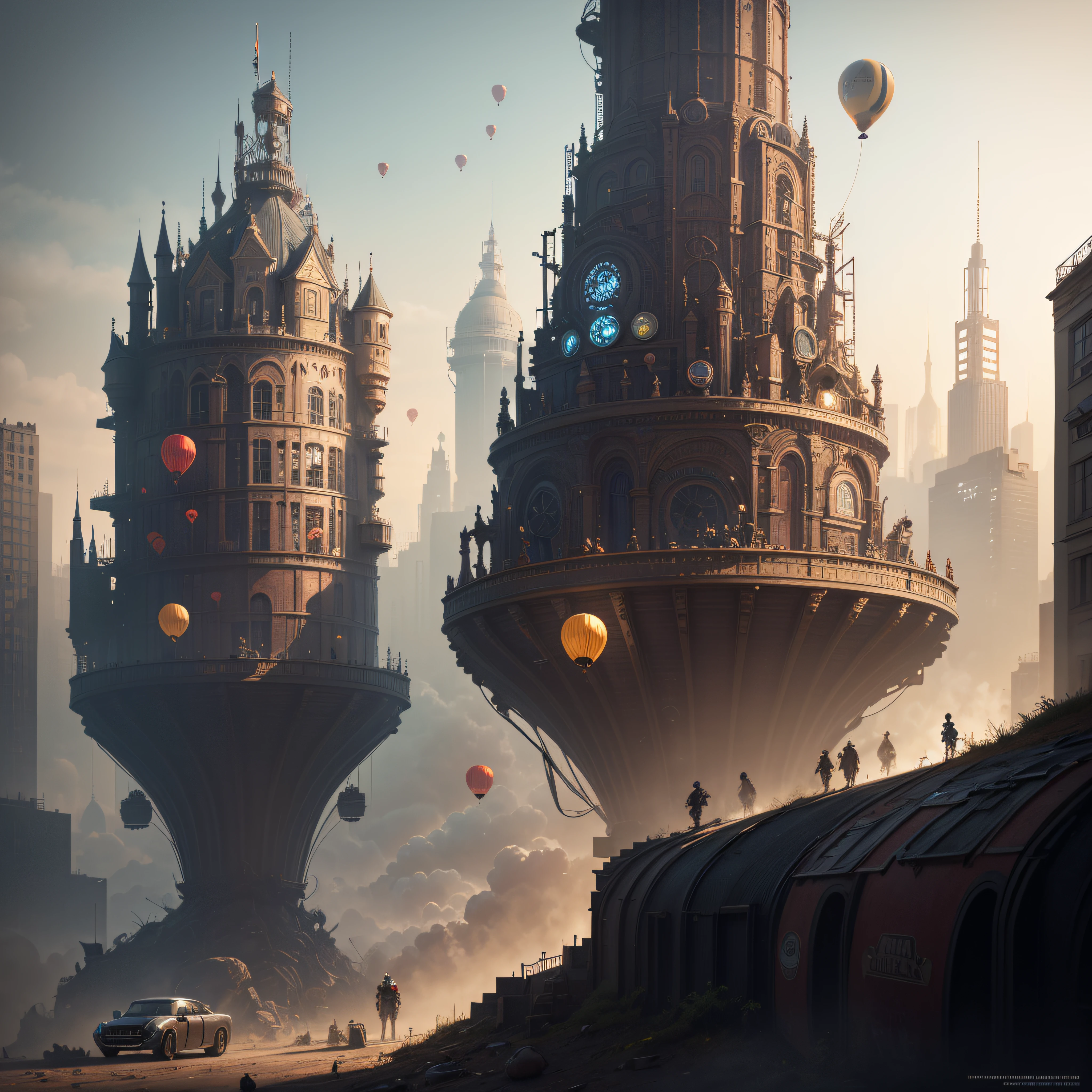 high detailed steam punk city with futuristic concept, with balloons, cars and robots made by different materials and high detailed textures, dark background --auto