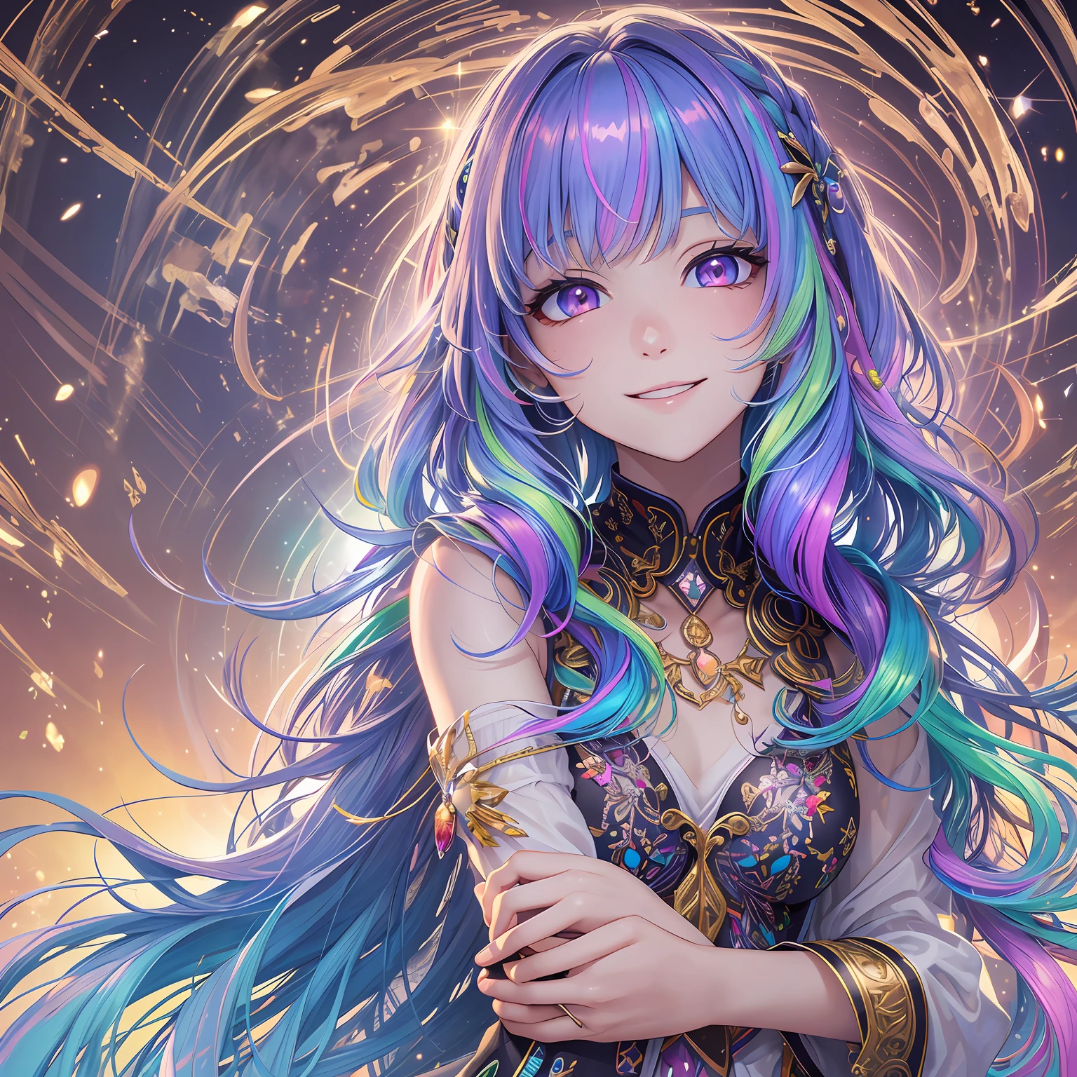 star-shaped pupils, rainbow hair, grin, character chart, pov, high detail, anime, high details, textured skin, masterpiece --auto