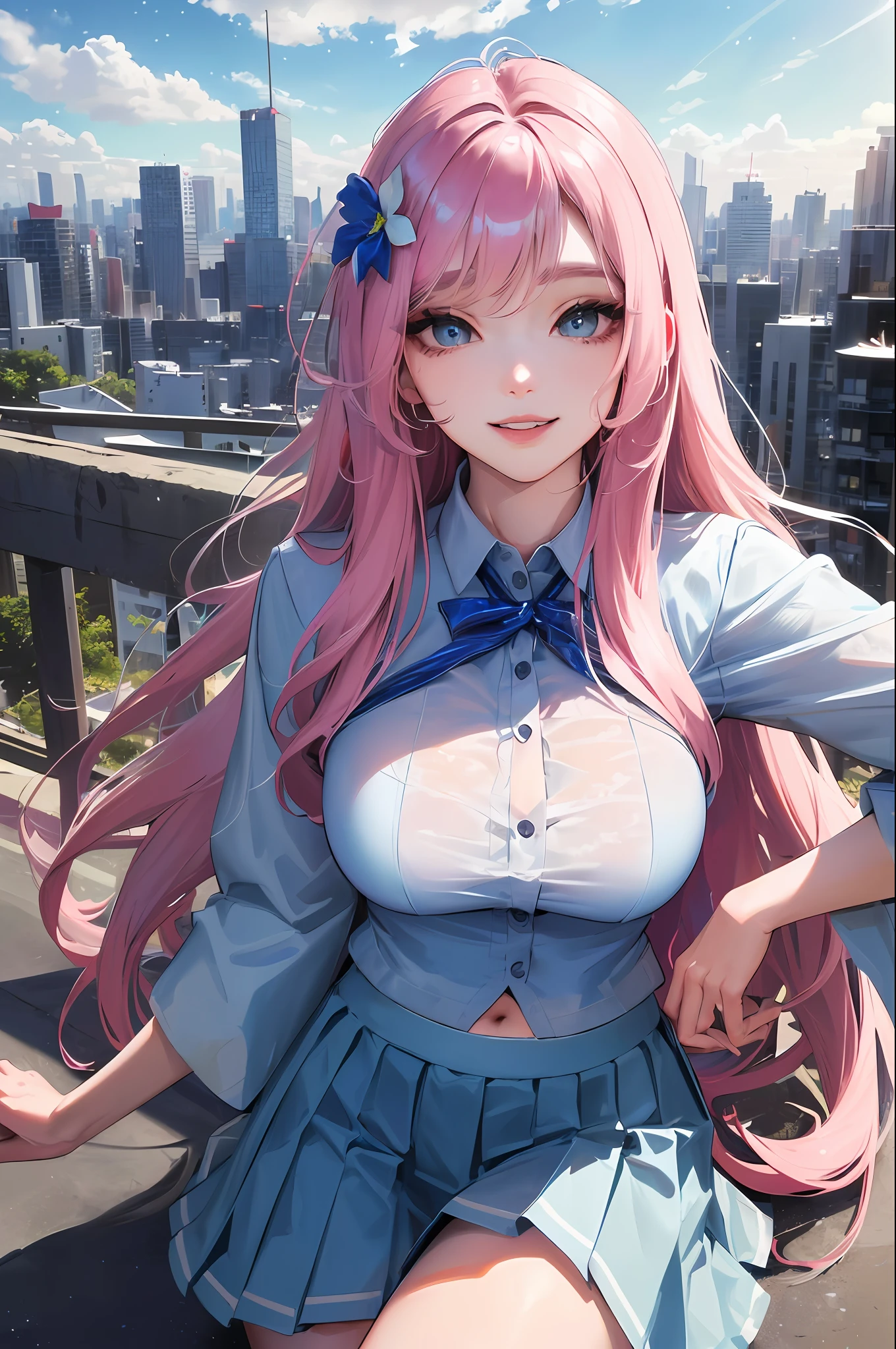 official art, masterpiece, sharp focus, (beautiful gorgeous cute Korean woman:1.3), (beautiful cute korean:1.3), korean beauty, Delicate and beautiful hair and eyes and face, realistic, ultra detailed, beautiful girl, blue sky, glow white particle, (sidelighting:1.2), sun light, white cloud, detailed clouds, slender, Lovely very large breasts and very large hips, smile with teeth, ((smile with eyes, open both eyes)), scenery, long straight hair, sexy facial expression, building, (cityscape:1.7), dynamic hair, long straight hair, detailed platinum pink hair, glow blue eyes, (blue pleated shirts + white skirt), white long socks, pale skin, hair ornament, epic scenery,