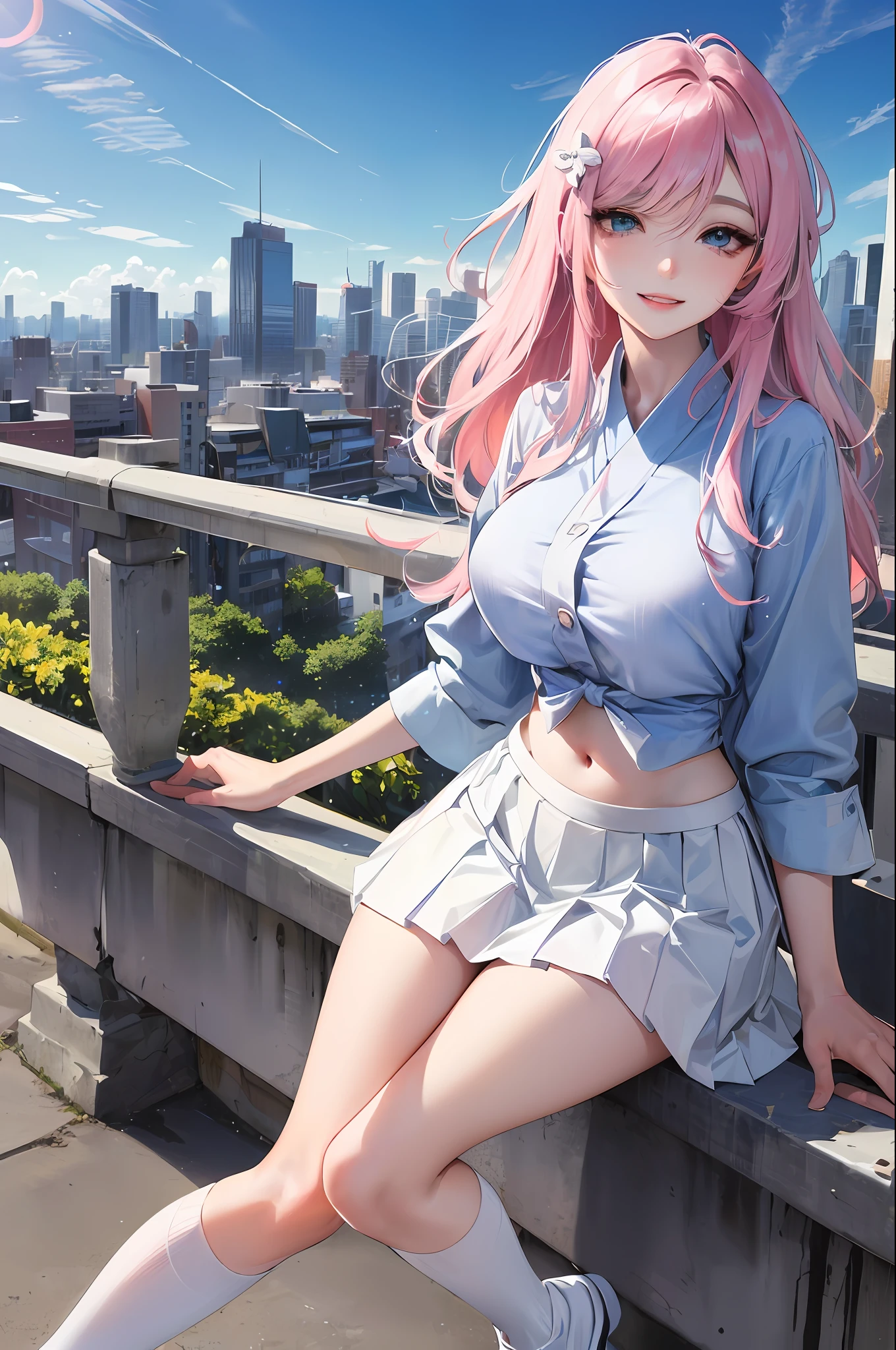 official art, masterpiece, sharp focus, (beautiful gorgeous cute Korean woman:1.3), (beautiful cute korean:1.3), korean beauty, Delicate and beautiful hair and eyes and face, realistic, ultra detailed, beautiful girl, blue sky, glow white particle, (sidelighting:1.2), sun light, white cloud, detailed clouds, slender, Lovely very large breasts and very large hips, smile with teeth, ((smile with eyes, open both eyes)), scenery, long straight hair, sexy facial expression, building, (cityscape:1.7), dynamic hair, long straight hair, detailed platinum pink hair, glow blue eyes, (blue pleated shirts + white skirt), white long socks, pale skin, hair ornament, epic scenery,