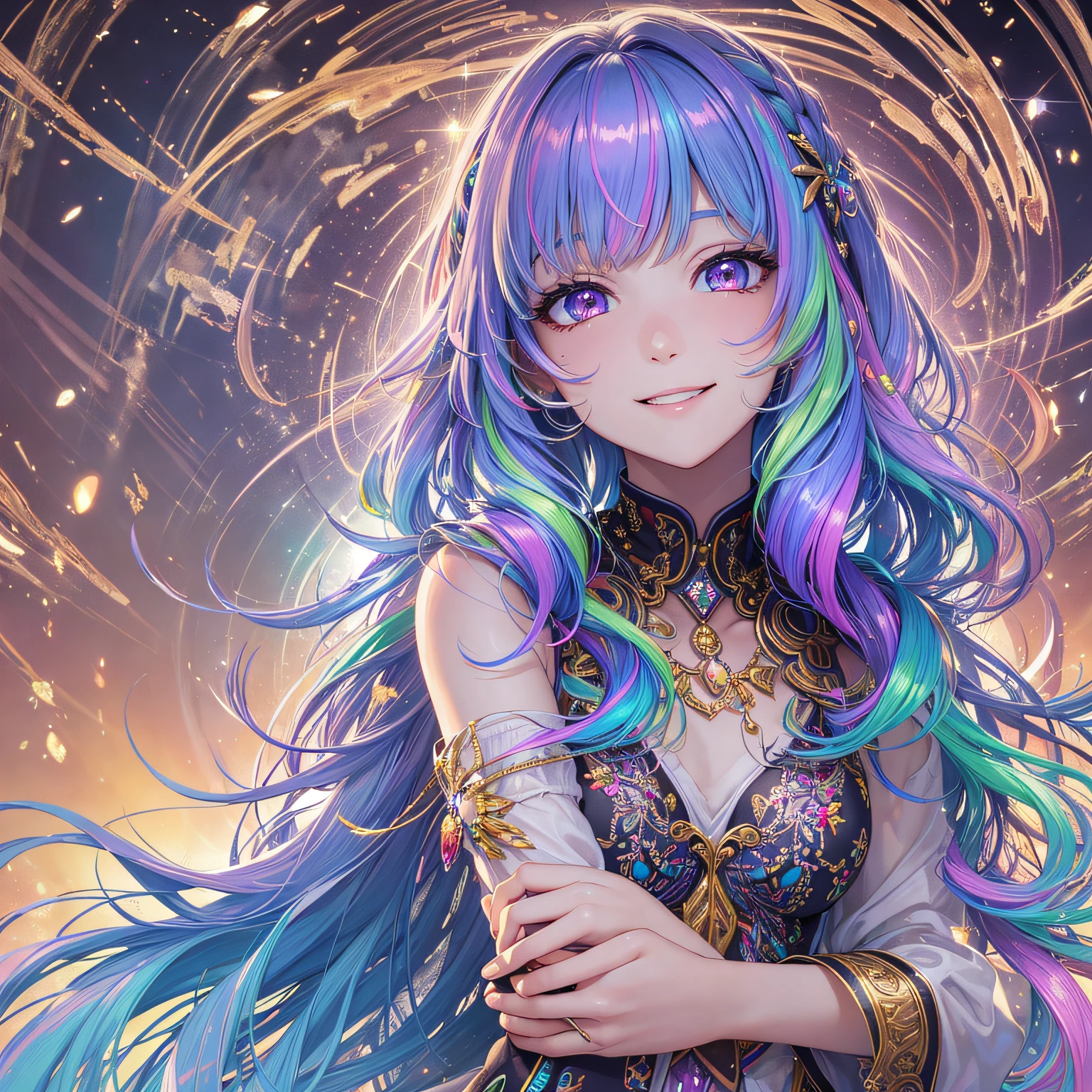 star-shaped pupils, rainbow hair, grin, character chart, pov, high detail, anime, high details, textured skin, masterpiece --auto