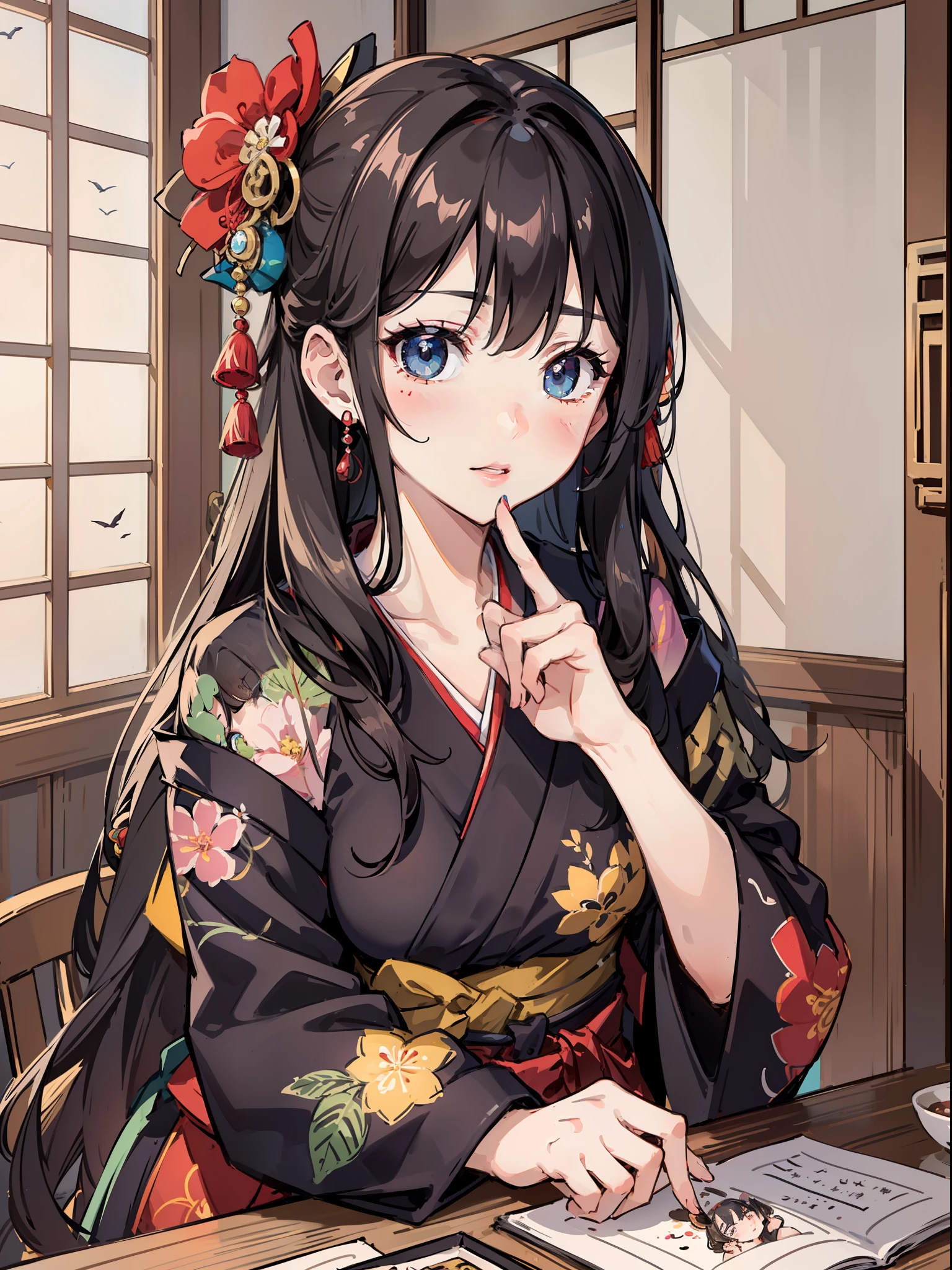 Master Pieces,hyper quality, Hyper Detailed,Perfect drawing,独奏、Beauty in the world、Komono、Japanese dress、Black-haired、Japanese hair、Colorful Japan kimono、Nishijin Ori、Delicate and smart eyes、Half-open lips、sidelong glance、Graceful、Gorgeous、Beautiful、red blush(0.2)、Dazzling、Stunning、Gorgeous、Gentle、Shunguang、natural soft light、Flowers and Birds Fugetsu、traditional Japanese room、The gesture of applying lipstick with the index finger、Accurate drawing、Detailed drawing、