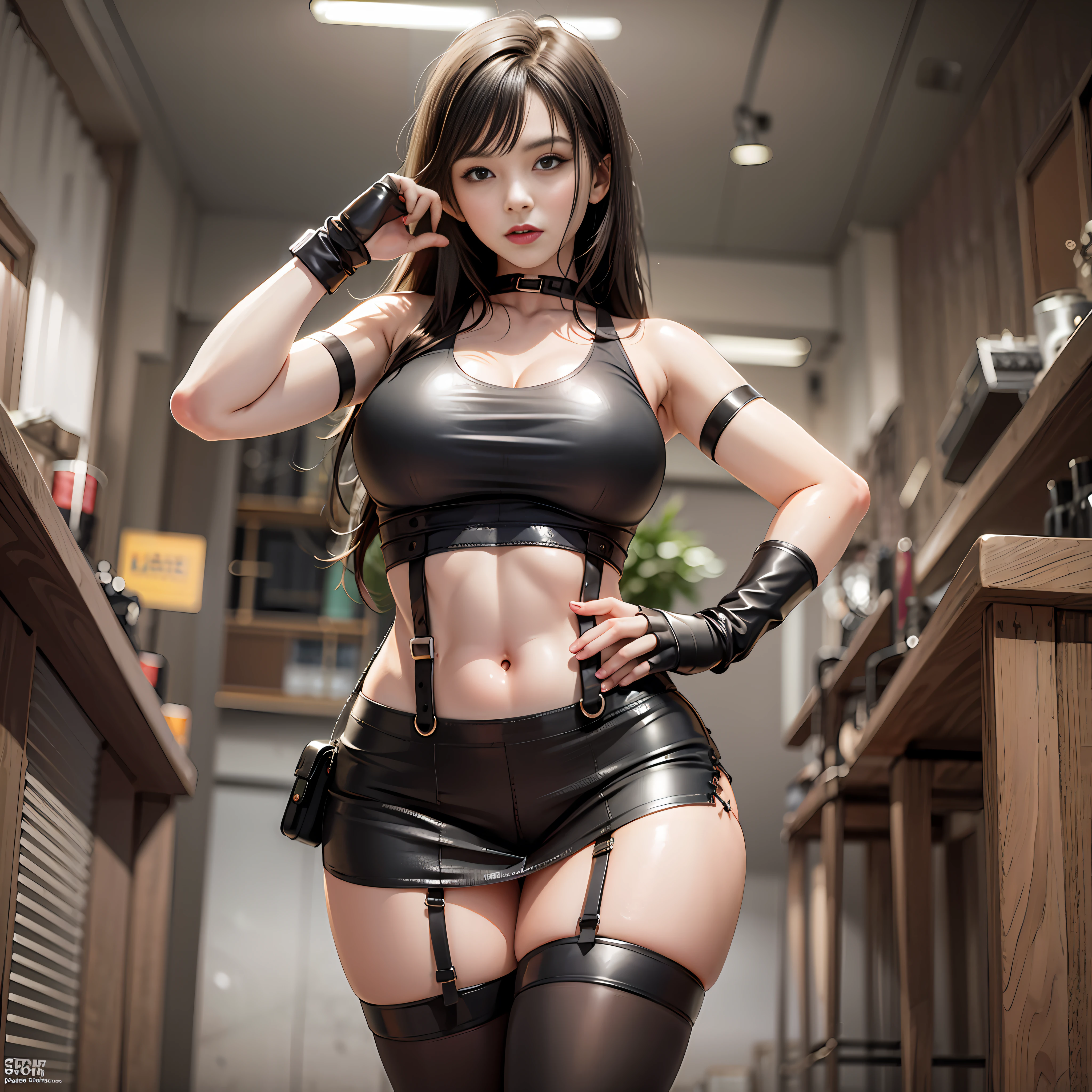 there is a woman in a black leather outfit posing for a picture, Tifa Lockhart, an oppai cyberpunk, ff Tifa, alluring tipha lockhart portrait, Anime girl cosplay, tifa lockheart, seductive anime girls, black leather costume, Charming Tifa Lockheart, thicc, trending on cgstation, trending at cgstation, by Yang J