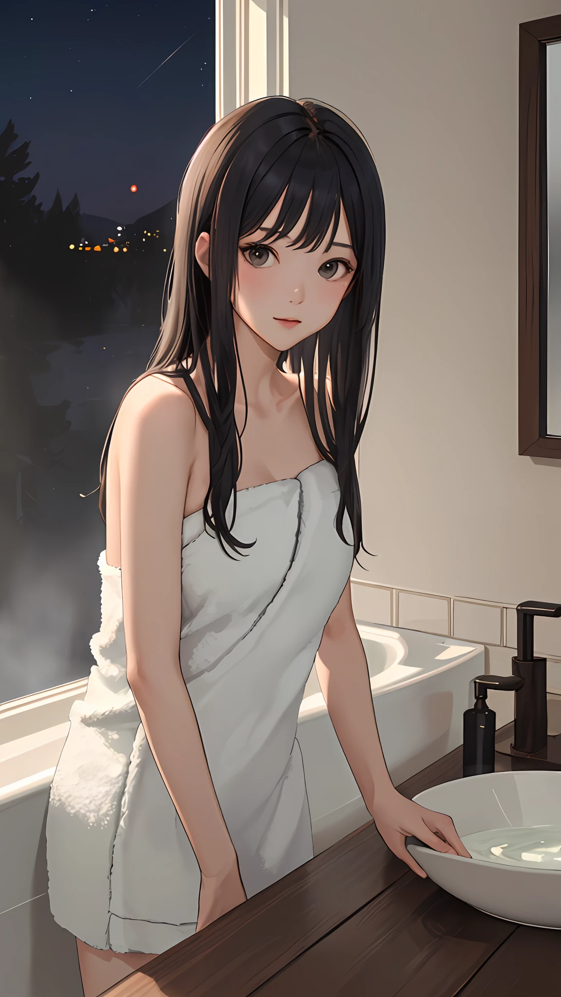 (巨作, Best Quality:1.4), 1girll, view the viewer, 
(Wavy hair:0.8), Long hair, 
(on fram), on bath, naked towel, Heavy fog, steams,
{Upper body|Cowboy shot},
{night|Morning|dawn}, 
{Indoors|Outdoors}, 
{Sitting|standing|Ground},