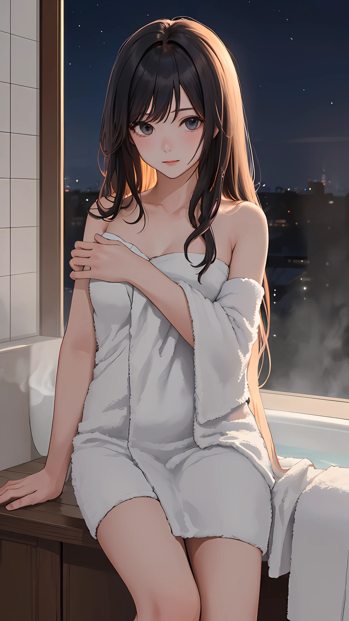 (巨作, Best Quality:1.4), 1girll, view the viewer, 
(Wavy hair:0.8), Long hair, 
(on fram), on bath, naked towel, Heavy fog, steams,
{Upper body|Cowboy shot},
{night|Morning|dawn}, 
{Indoors|Outdoors}, 
{Sitting|standing|Ground},