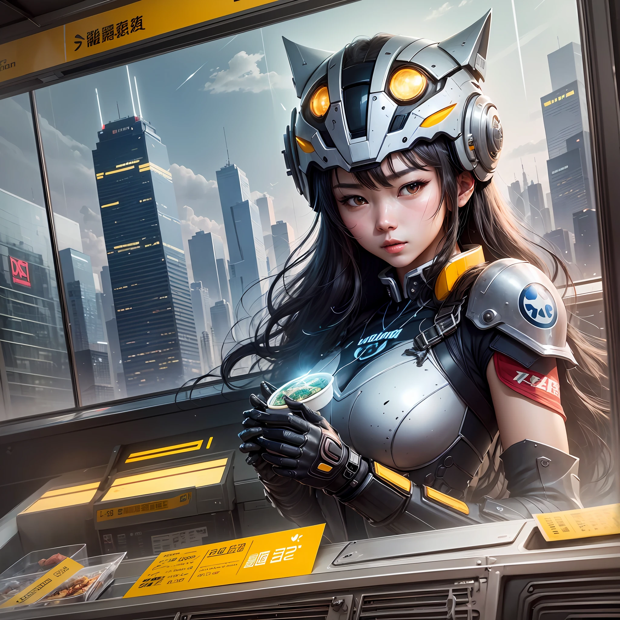 The highest image quality、Exceptional detail、The ultra-Highres、(真实感:1.4)、The best illustrations、Favor the details、Highly condensed 1girl、delicate and beautiful face、Dressed in black and yellow mechs、Wearing a mecha helmet、Riding a motorcycle、Drive-thru at a fast food restaurant。Scan QR code、Making cryptocurrency payments。Put the word CorePay in the background。The background is a high-tech lighting scene of a futuristic city。Stunning character art、extremely detailed art germ、Detailed Digital Anime Art、Art Germ at Art Station pixiv、Armored Lady --auto --s2