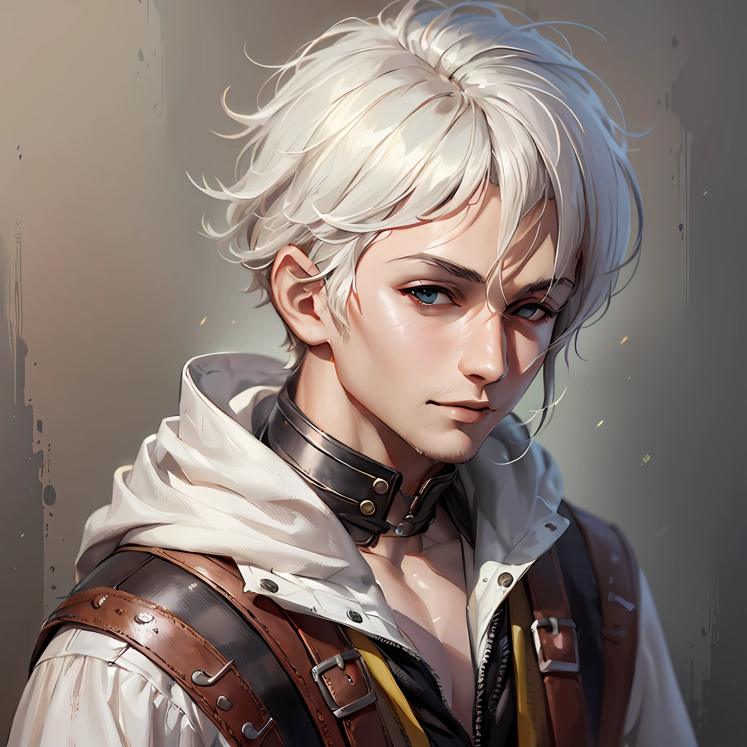 there is a man with white hair and a leather vest, artwork in the style of guweiz, character art portrait, detailed character portrait, character portrait art, fantasy concept art portrait, rossdraws portrait, portrait of a young jedi, rpg portrait concept art, character concept art portrait, a portrait of a male, stunning character art, fantasy male portrait. No facial hair