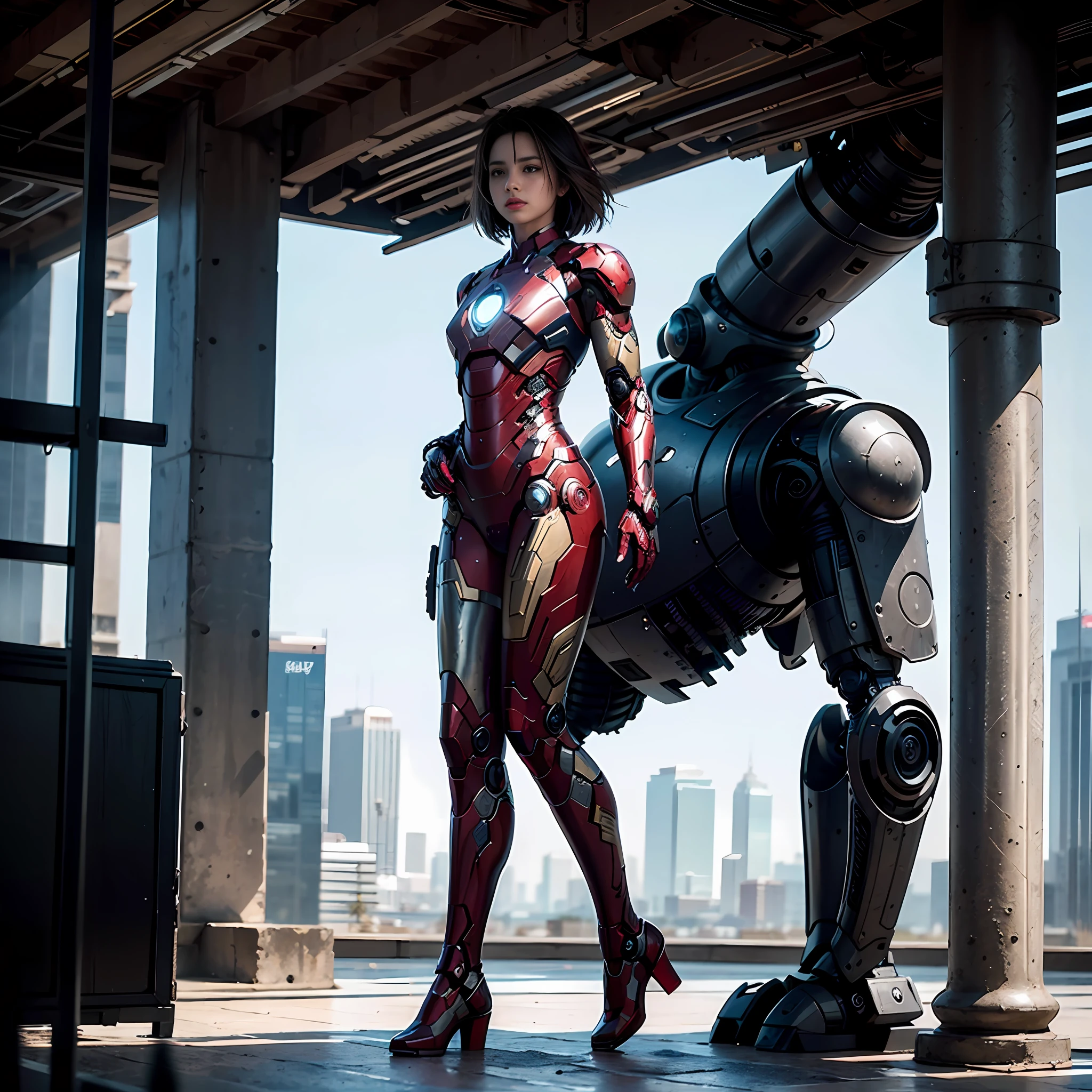 Realistic movie scene of a 20-year-old woman standing full body in a cyberpunk barren with stunning cloudscapes. (wearing an silver colour Iron Man mech) on her insanely complex anatomically adapted (graphene: 1.1) biomechanically symmetrical arms and biomechanically symmetric legs. stand at ease. Extremely detailed, elegant and ornate symmetrical fractal detail with Kyanite gemstone. Scene captured with bright soft natural light, dramatic shadows and beautiful vibrant colors. Romantic art style. 8k resolution image with cyberpunk style, intricate symmetrical details. The whole picture is indomitable and heroic. It is mainly a complete picture of a woman standing with his whole body, smooth movements and confident expression.