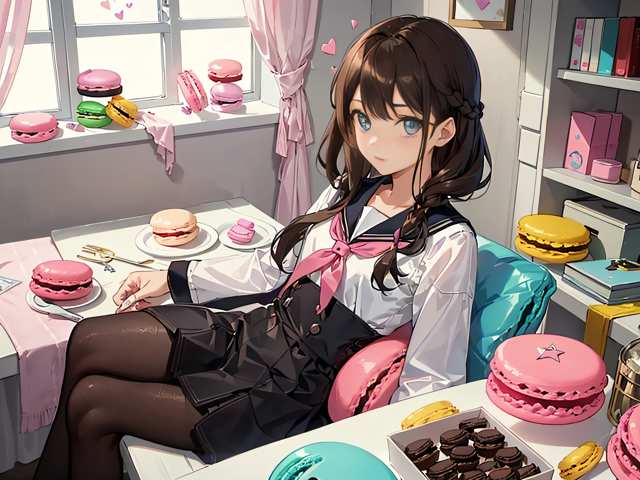 (巨作:1.2), (Ultra-detailed:1.2), (Perfect details), (Extremely fine and beautiful:1.1), Beautiful face, Beautiful eyes, Dramatic lighting, voluminetric lighting, A cute girl, 1girll, Solo, Brown hair, french braid, bangs, Medium hair, Blue eyes, sailor uniformm, shortsleeves, Black pantyhose, Upper body, Sitting, Crossed legs, table, chair, (((( pink kawaii room )))),(((Messy room, Marchen ,macaron,sweets,heart item,star item, small window))),((Miscellaneous goods are placed in a mess:1.5)), Dresser, antimacassar