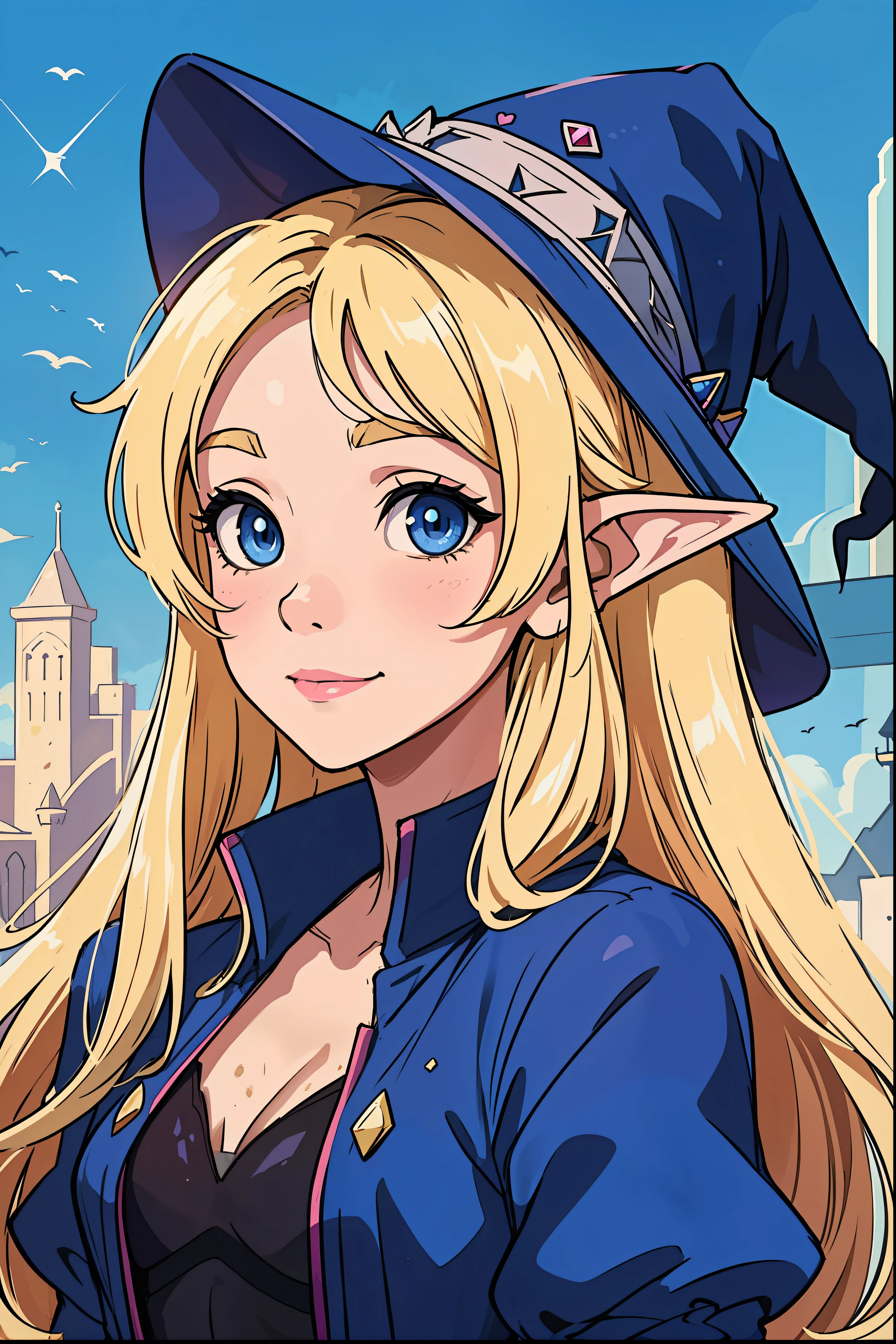 The perfect masterpiece,Highest quality,Perfect artwork,8K,Upper Body Lens,front portrait,Delicate face,Face Close-up,Watching the audience, Wizard apprentice girl,(pointy royal blue witch hat:1.3),(white star print on hat:0.8),Magical transparent eyes,(dirty blonde hair:1.2),(young:1.4),(small breasts:1.4),flat chest,large eyes,happy,warm smile,slender,slim build,thin waist,(💖:1.3),Digital Art,plane illustrations,colorful illustration,minimalist style,anime cartoon style,fantasy city background,elf ears,fantasy academic conservative clothing,