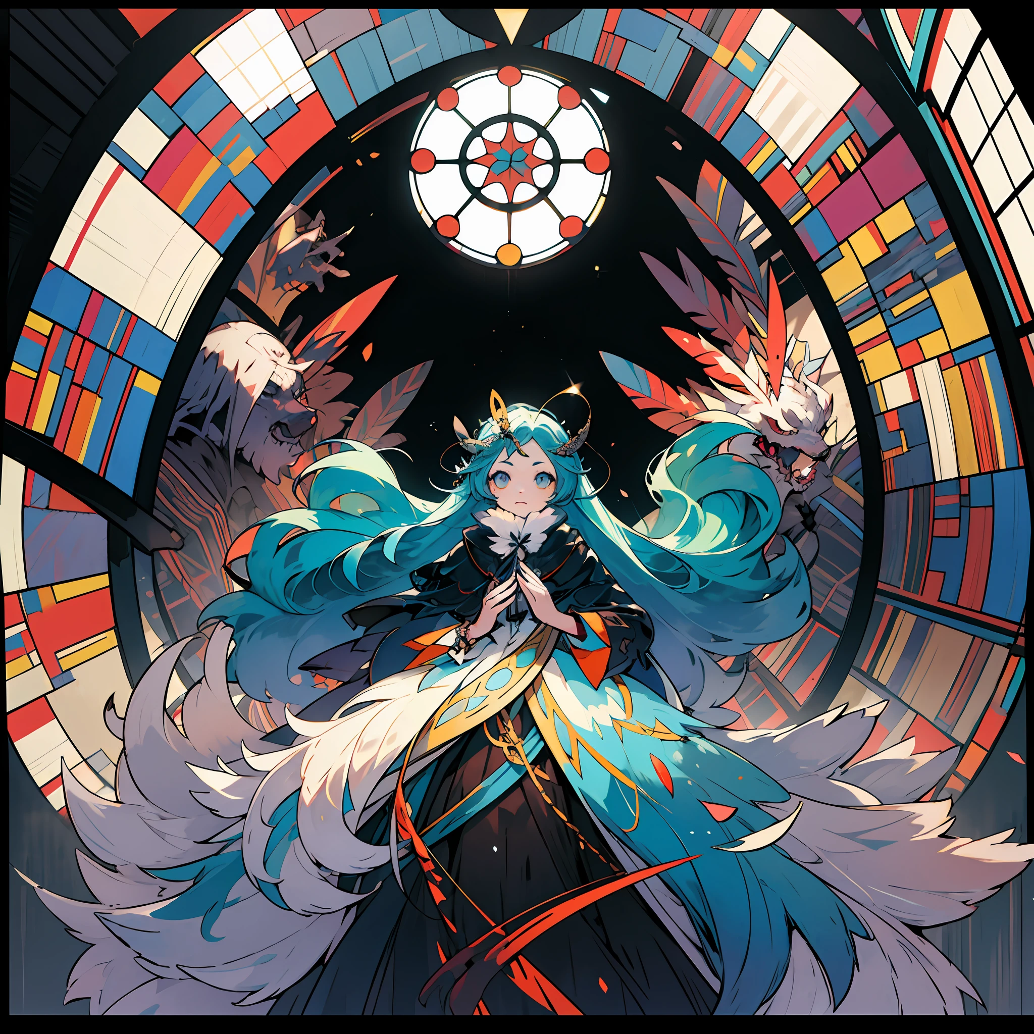 (masterpiece, top quality, best quality,official art, beautiful and aesthetic:1.2),(1girl:1.3), 1girl BREAK stained glass art, colored glass, lead lines, light transmission BREAK vibrant colors, intricate designs, luminous effects, spiritual ambiance