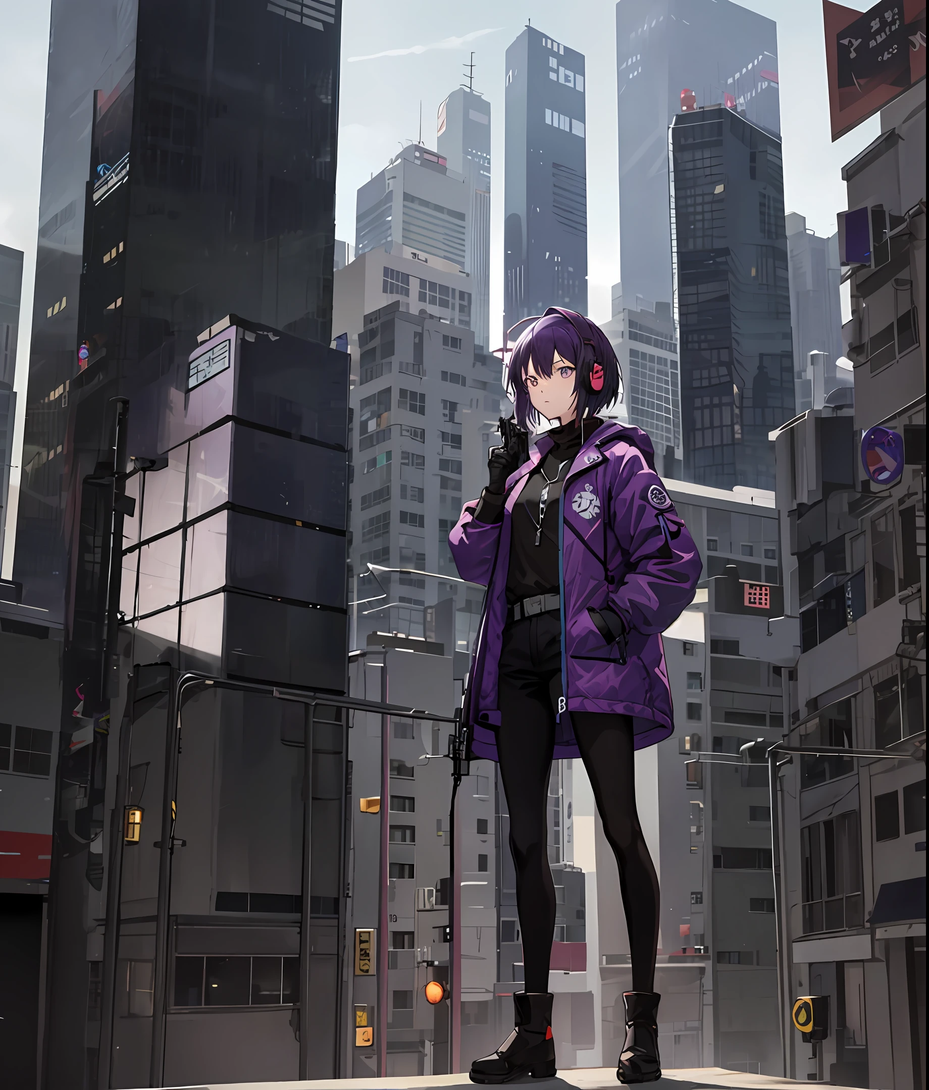 Anime Cybercity，shoun，Short hair, black hair, purple hair, pick dye，down jacket，standing on top of the building，wearing headphone，hand gun，UAVs