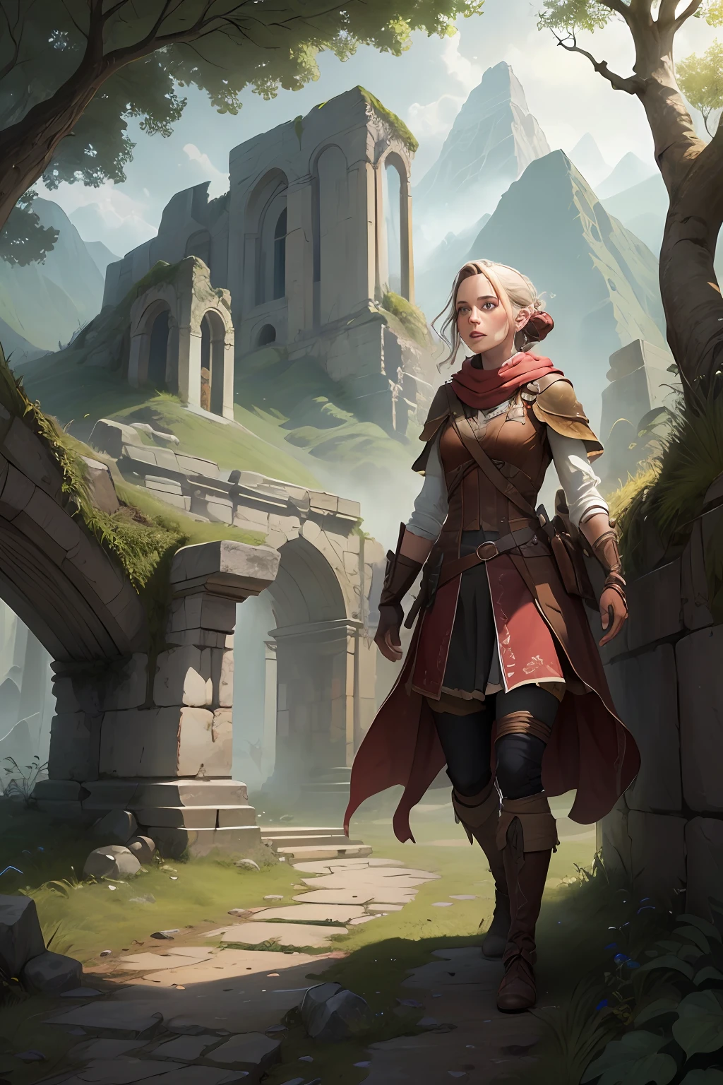 Guided by a cryptic map, adventurer woman named Emma set foot on a journey through enchanted forests, treacherous mountains, and ancient ruins.
