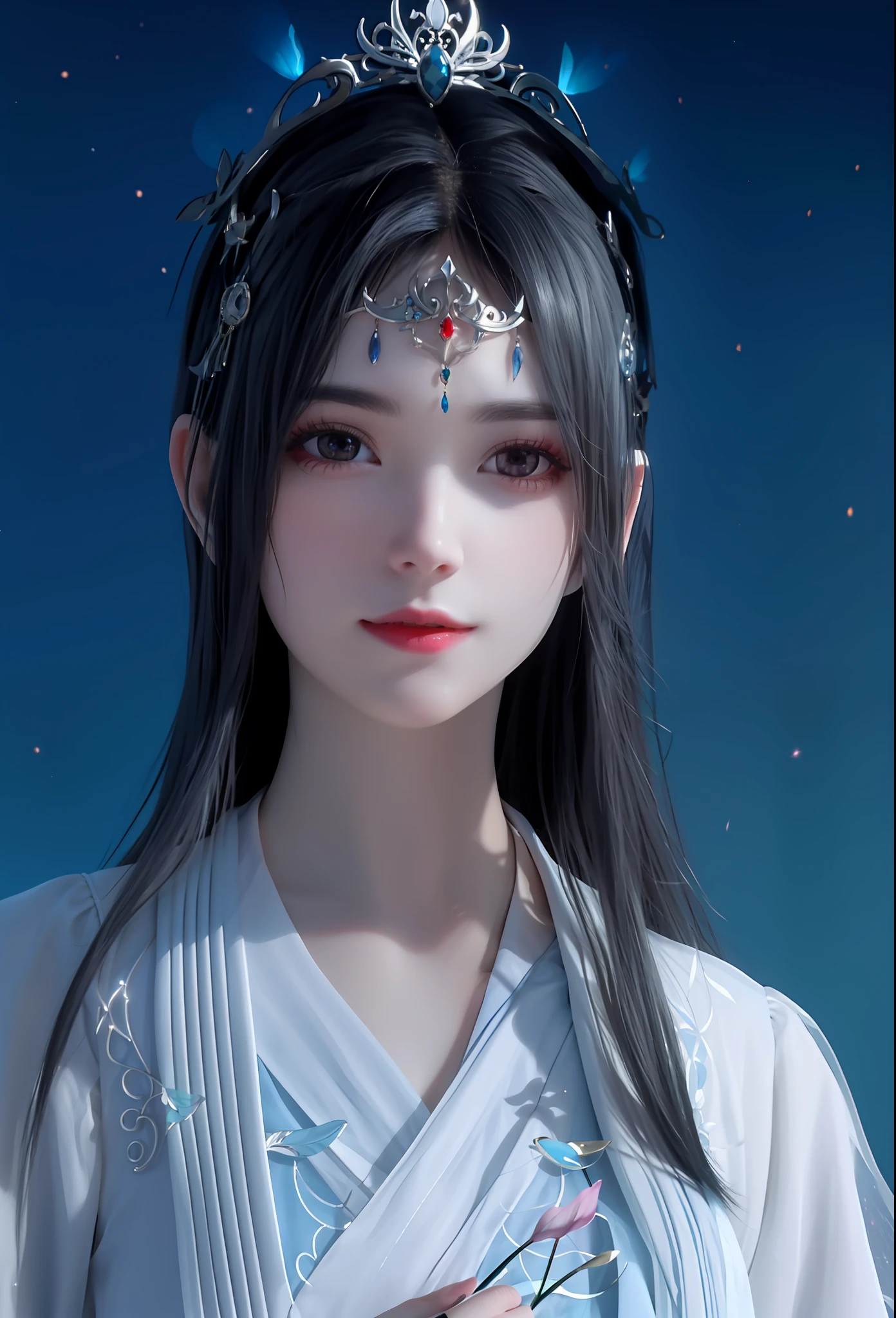 White clothes fluttering，faeries，immortal，ornate headdress，The pupil emits blue light，Black hair，Stand in space，Hold the planet in hand，The body radiates