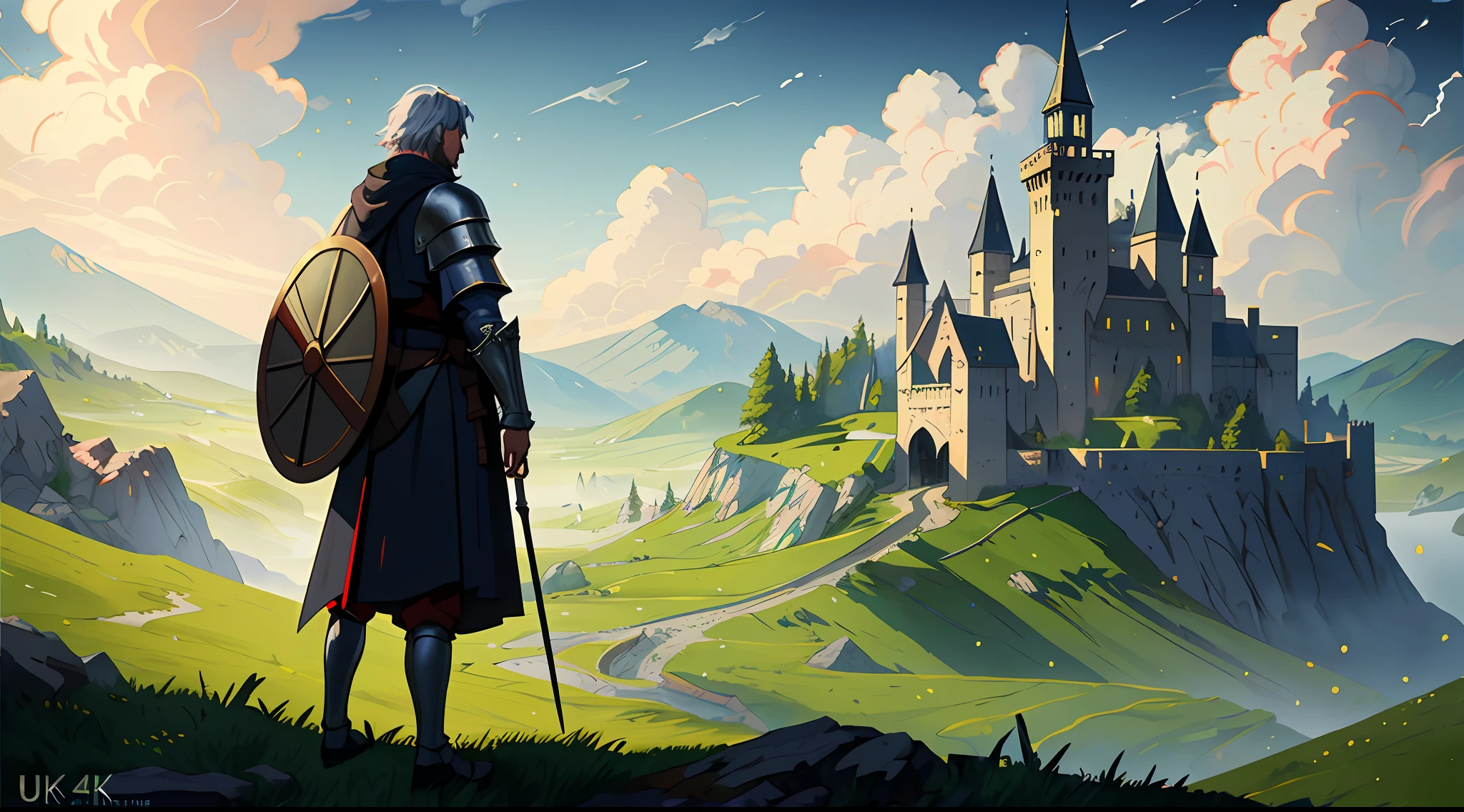 A detailed and intricate digital illustration of a medieval warrior in a field observing the landscape, (((somente))), ultra detalhada, trending on ArtStation, beautiful lighting, semi-realista, intrincado, folhas ao vento, Arte medieval, medieval, fantasia medieval, 4k, Pintura Digital 4K