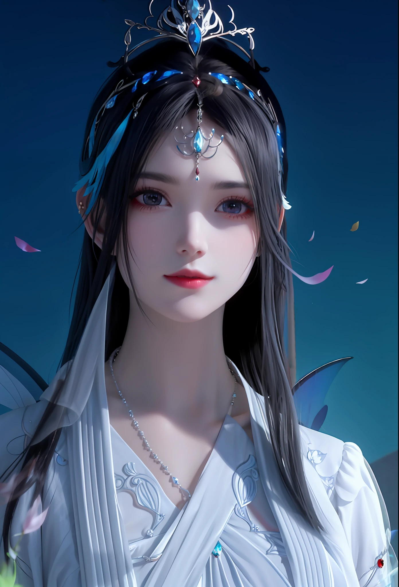 White clothes fluttering，faeries，immortal，ornate headdress，The pupil emits blue light，Black hair，Stand in space，Hold the planet in hand，The body radiates