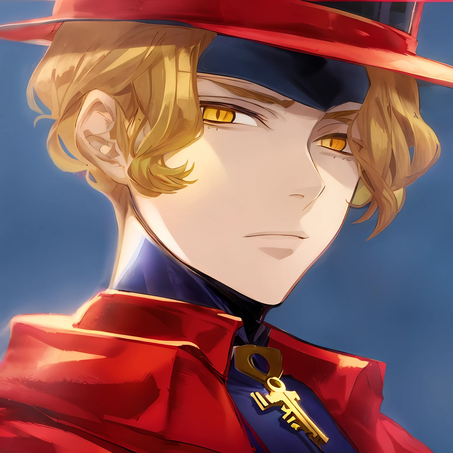 Anime - stylistic image with a hat and a blue background, Johnny Silver Hand in Demon Slayer Art, trigger anime artstyle, persona 5 phantom thief style, Key anime art,Super high-quality doujin art, sharp golden eyes,with a calm expression --auto