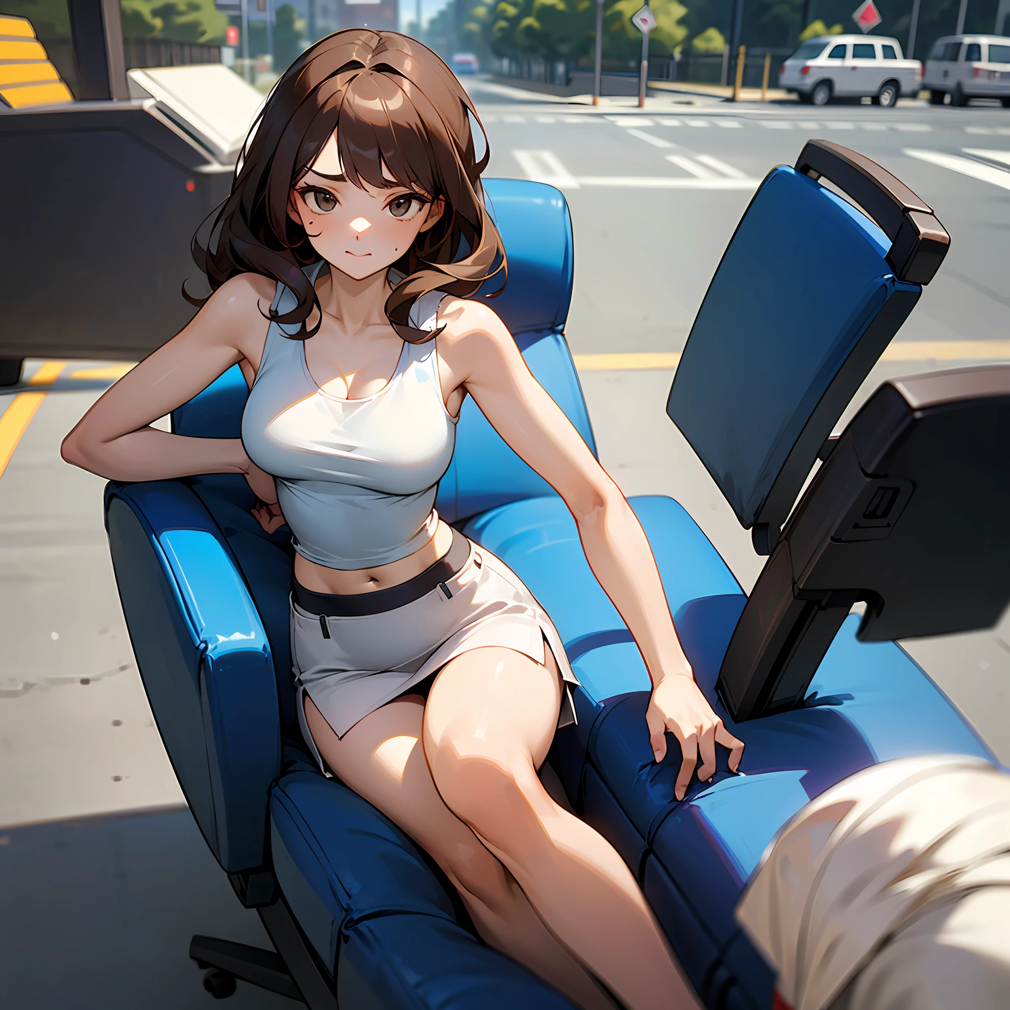 ((Best quality, 8k, Masterpiece :1.3)), Sharp focus :1.2, perfect figure beautiful woman:1.4, Slim abs:1.2, ((Layered Hair Style, hugetits:1.2)), (Tank top shirt:1.1 ), (the street:1.2), Highly detailed facial and skin texture, A detailed eye, 二重まぶた， seductiv，short  skirt，Stewardess，Brown hair long，On the office chair，Skirt that wraps hips，Big leakage point， High-definition facial features，8K --auto