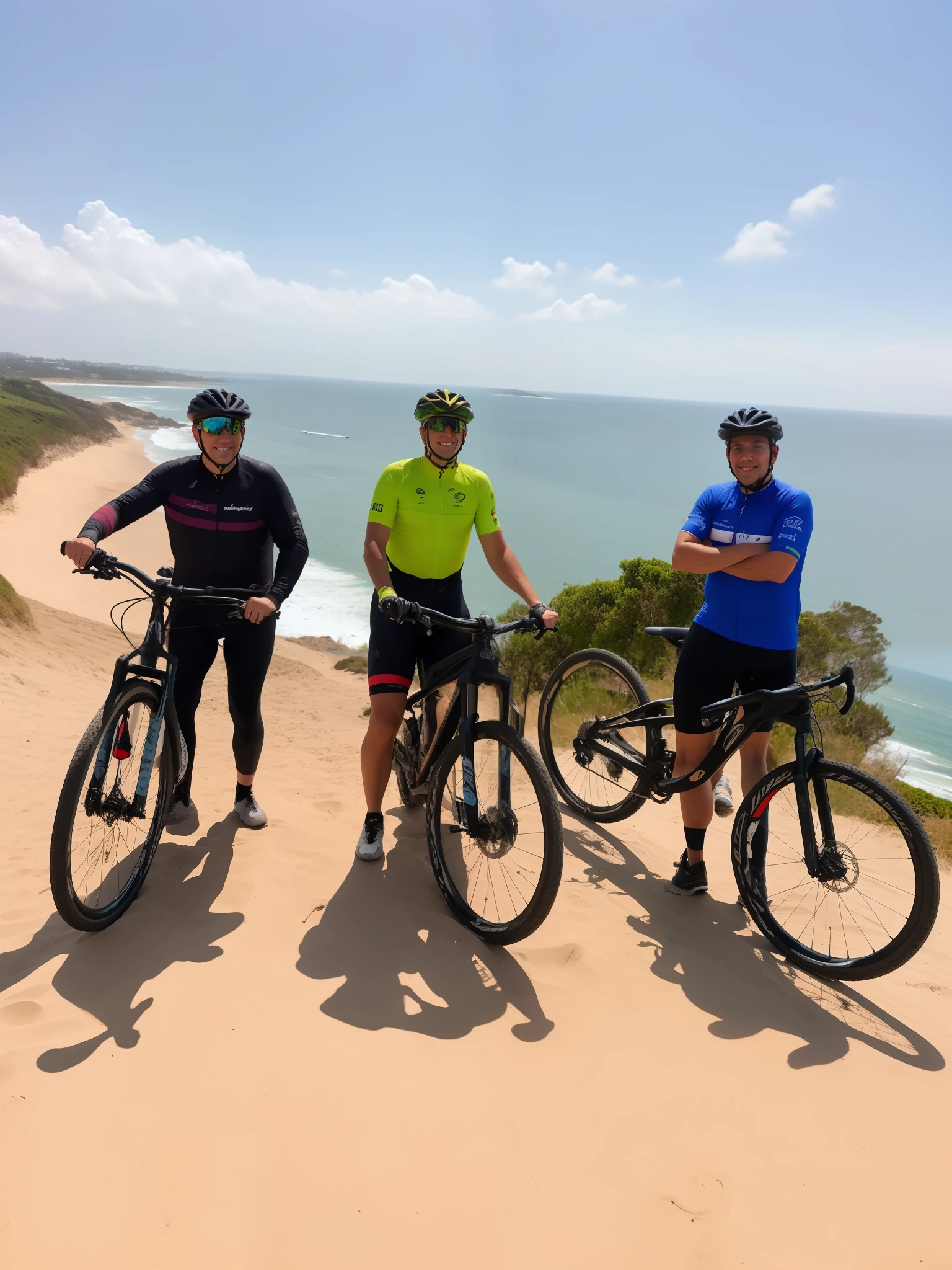 three people on bikes standing on a hill overlooking the ocean, aventura, Prettt, touring, Motivacional, Viagem de bicicleta Hoffman, album photo, no litoral, desporto, Belas vistas, imagem de perfil, ciclismo!!, standing near the beach, horseback riding, Foto tirada de longe, especial, near the sea, por Dan Content, estilo de vida, recreation, por Romain brook