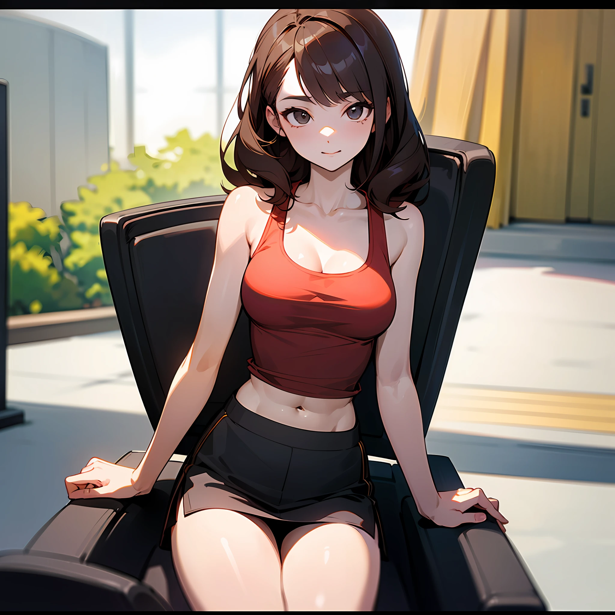 ((Best quality, 8k, Masterpiece :1.3)), Sharp focus :1.2, perfect figure beautiful woman:1.4, Slim abs:1.2, ((Layered Hair Style, hugetits:1.2)), (Tank top shirt:1.1 ), (the street:1.2), Highly detailed facial and skin texture, A detailed eye, 二重まぶた, seductiv,short skirt,Stewardess,Brown hair long,On the office chair,Skirt that wraps hips,Big leakage point, High-definition facial features,8K --auto