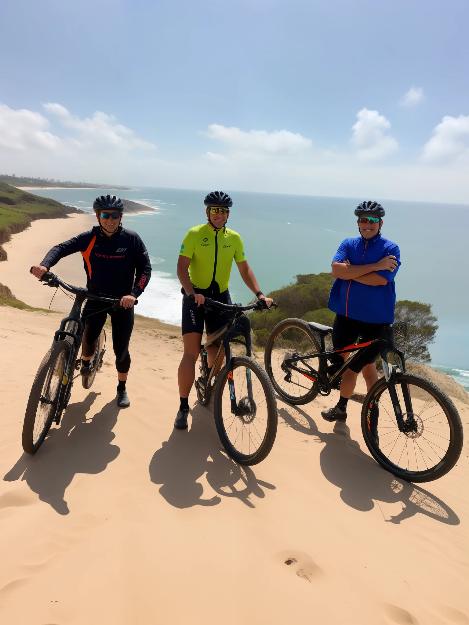 three people on bikes standing on a hill overlooking the ocean, aventura, Prettt, touring, Motivacional, Viagem de bicicleta Hoffman, album photo, no litoral, desporto, Belas vistas, imagem de perfil, ciclismo!!, standing near the beach, horseback riding, Foto tirada de longe, especial, near the sea, por Dan Content, estilo de vida, recreation, por Romain brook