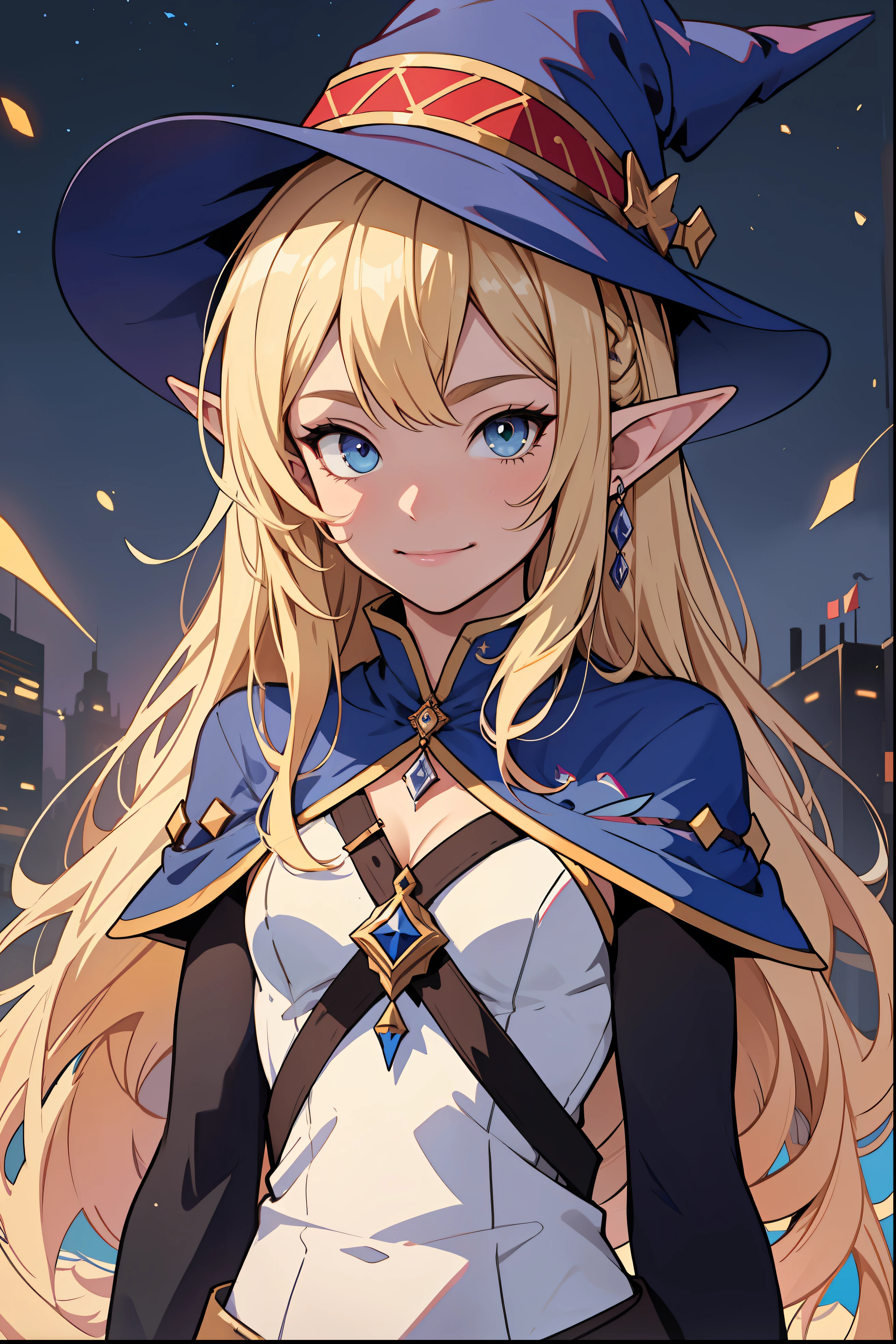 The perfect masterpiece,Highest quality,Perfect artwork,8K,Upper Body Lens,front portrait,Delicate face,Face Close-up,Watching the audience, Wizard apprentice girl,(pointy royal blue witch hat:1.3),(white star print on hat:0.8),Magical transparent eyes,(dirty blonde hair:1.2),(young:1.4),(small breasts:1.4),flat chest,large eyes,happy,warm smile,slender,slim build,thin waist,(💖:1.3),Digital Art,plane illustrations,colorful illustration,minimalist style,anime cartoon style,fantasy city background,elf ears,fantasy academic conservative clothing,