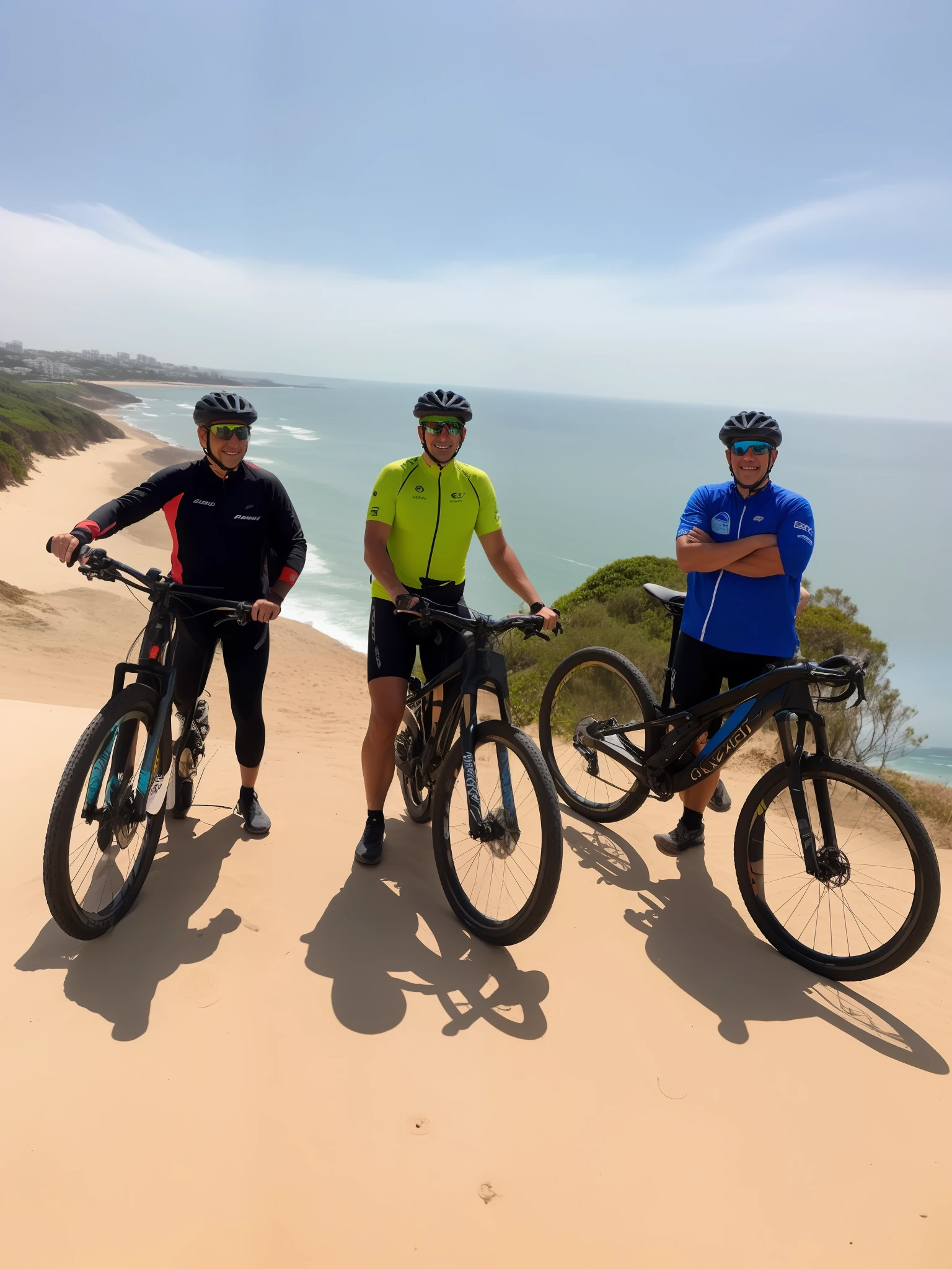 three people on bikes standing on a hill overlooking the ocean, aventura, Prettt, touring, Motivacional, Viagem de bicicleta Hoffman, album photo, no litoral, desporto, Belas vistas, imagem de perfil, ciclismo!!, standing near the beach, horseback riding, Foto tirada de longe, especial, near the sea, por Dan Content, estilo de vida, recreation, por Romain brook