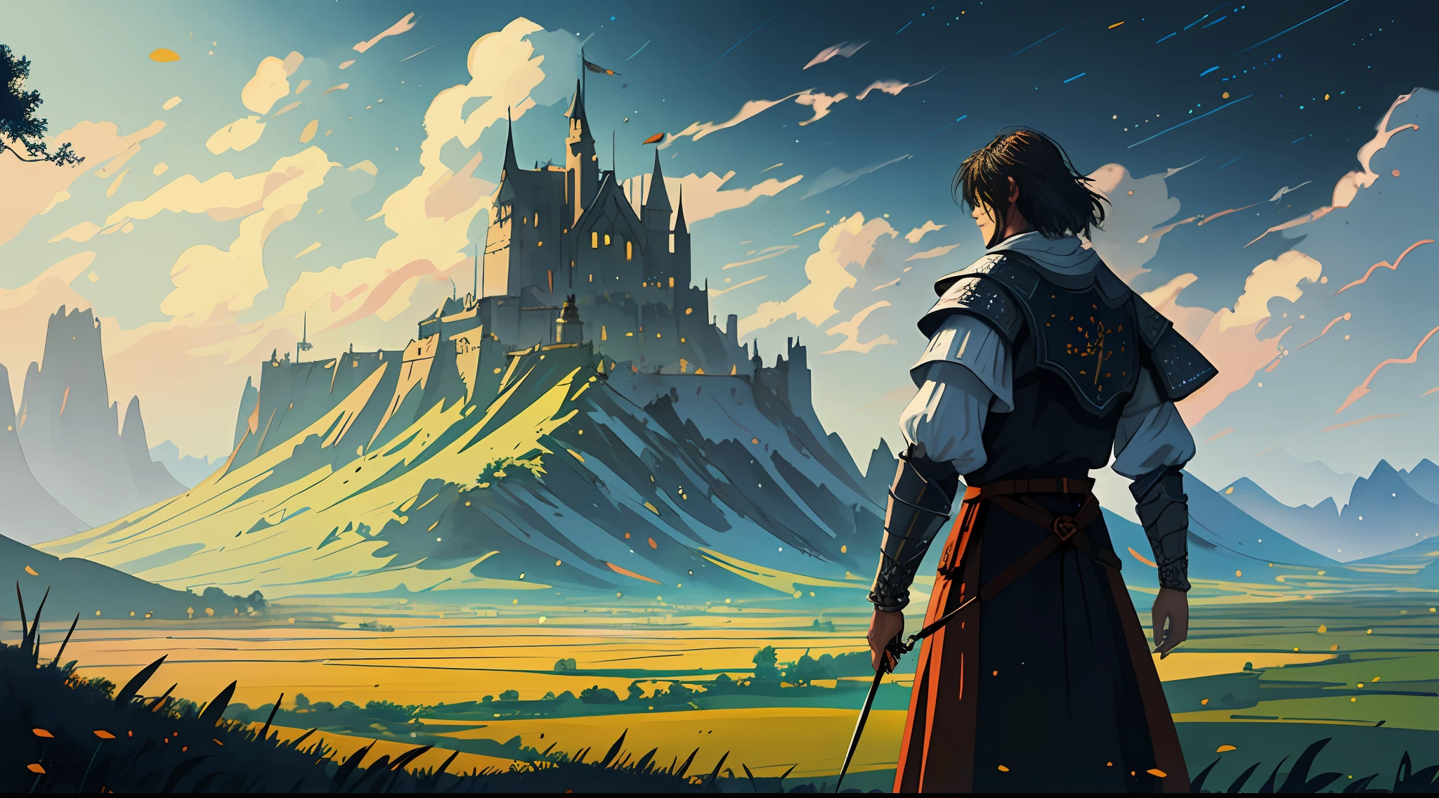 A detailed and intricate digital illustration of a medieval warrior in a field observing the landscape, (((somente))), ultra detalhada, trending on ArtStation, beautiful  lighting, semi-realista, intrincado, folhas ao vento, Arte medieval, medieval, fantasia medieval, 4k, Pintura Digital 4K