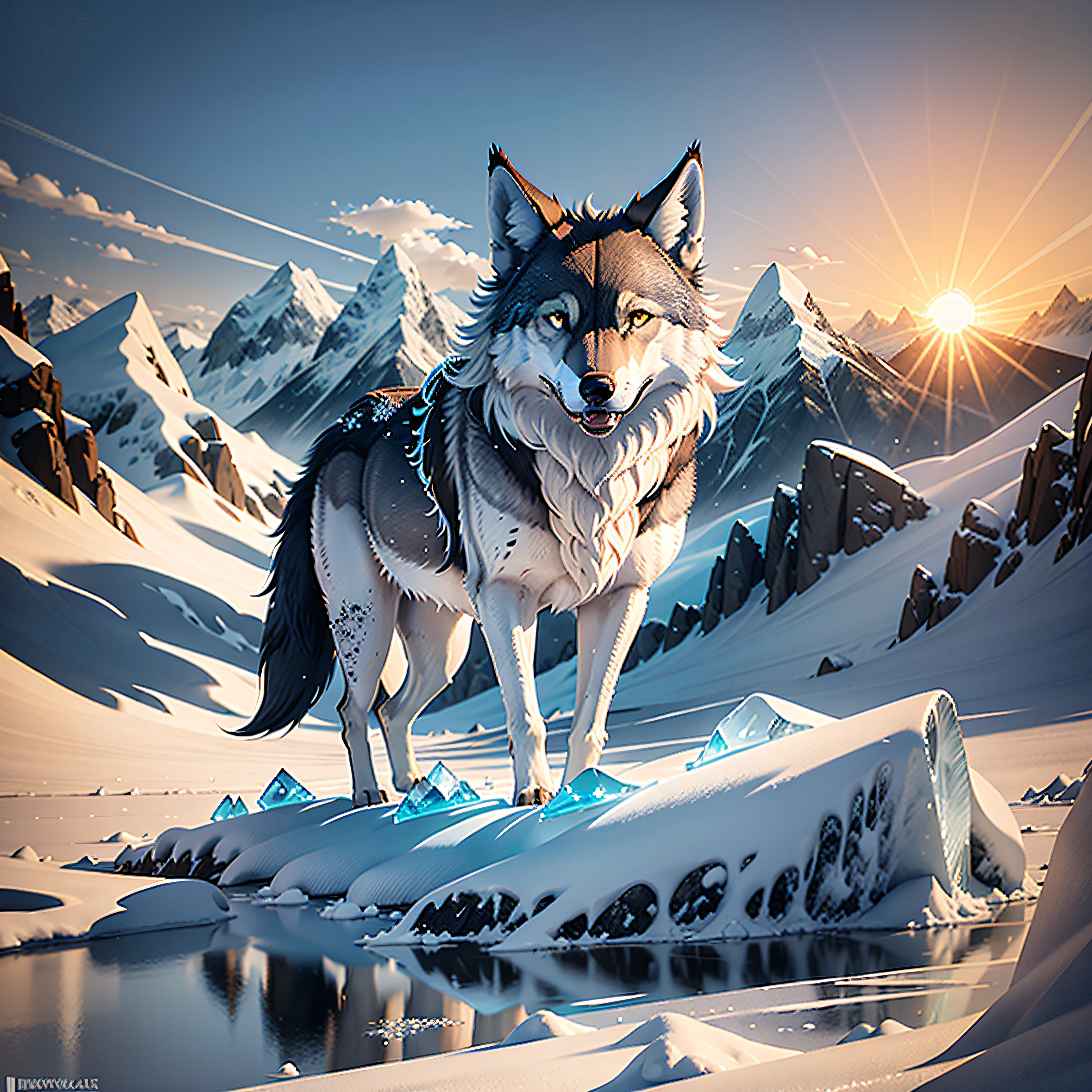 wolf on fire, aigle, bear, mountain sunset, Conceptual art, reflection light, lens flare, best quality --auto