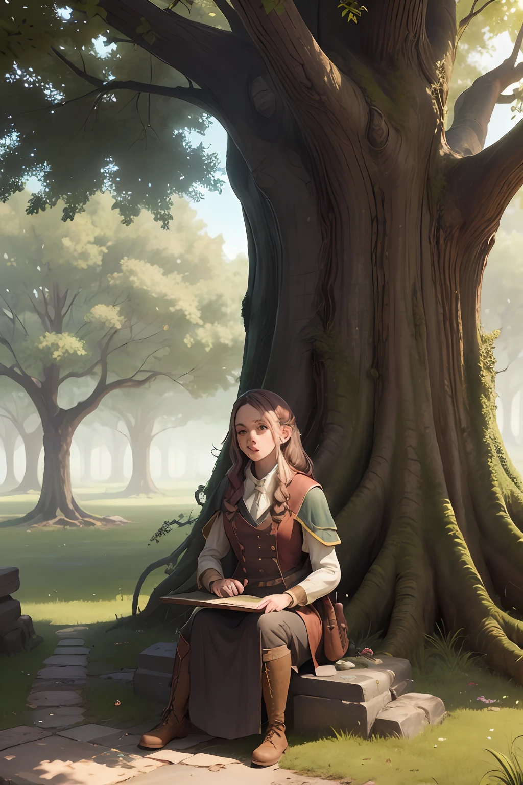 a woman adventurer named Emma she came across a weathered stone tablet nestled beneath a towering oak tree.